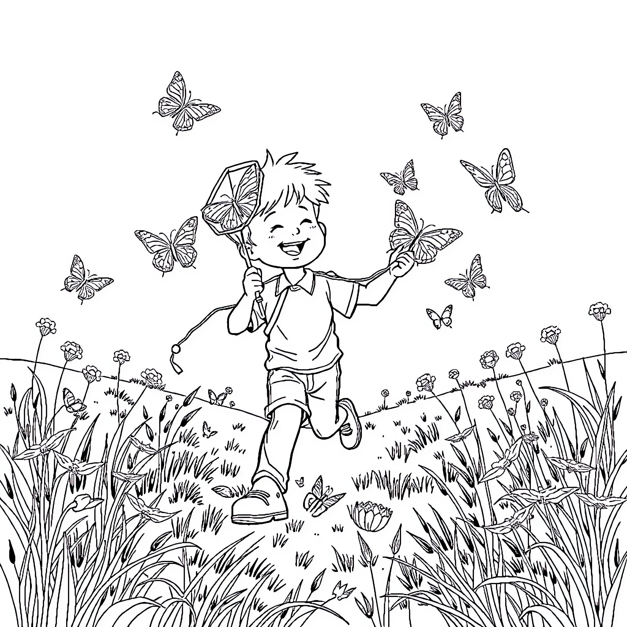 Boy Chasing Playful Butterflies in Lush Meadow Coloring Page (free black-and-white line drawing printable PDF for all, from beginners to advanced learners, including children, teens, adults, and seniors)