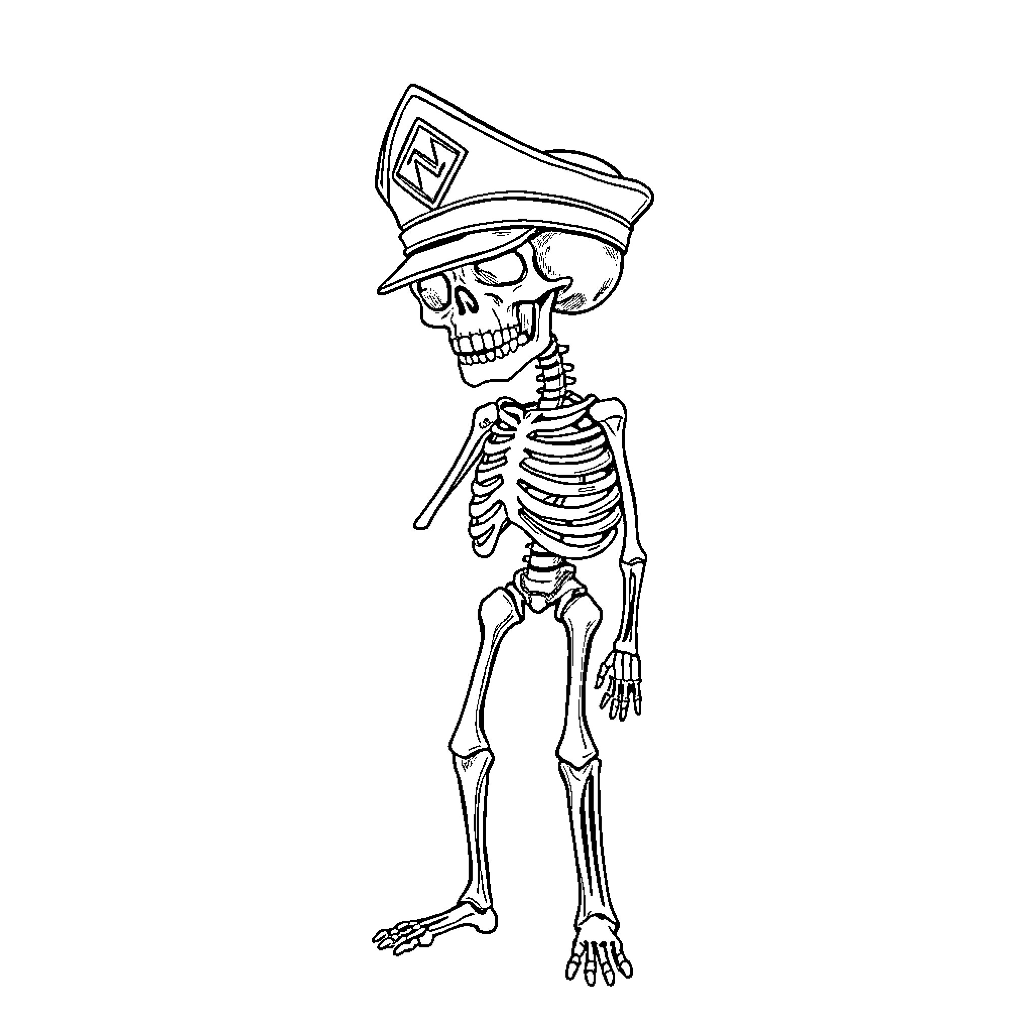 Skeleton police officer in uniform Coloring Page (free black-and-white line drawing printable PDF for all, from beginners to advanced learners, including children, teens, adults, and seniors)