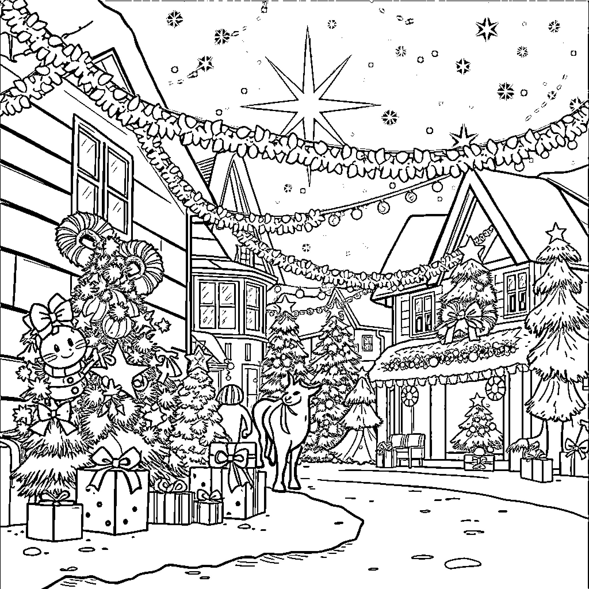 Christmas Village with Decorations and Festive Scenes Coloring Page (free black-and-white line drawing printable PDF for all, from beginners to advanced learners, including children, teens, adults, and seniors)