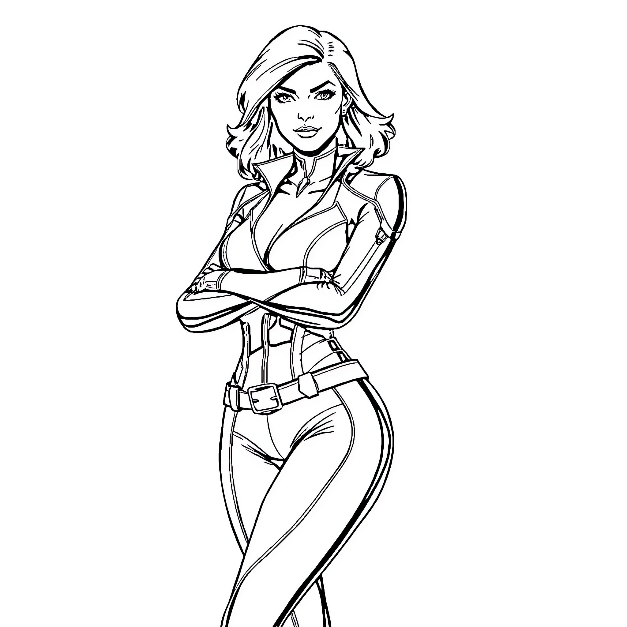Black Widow in Confident Superhero Pose Coloring Page (free black-and-white line drawing printable PDF for all, from beginners to advanced learners, including children, teens, adults, and seniors)