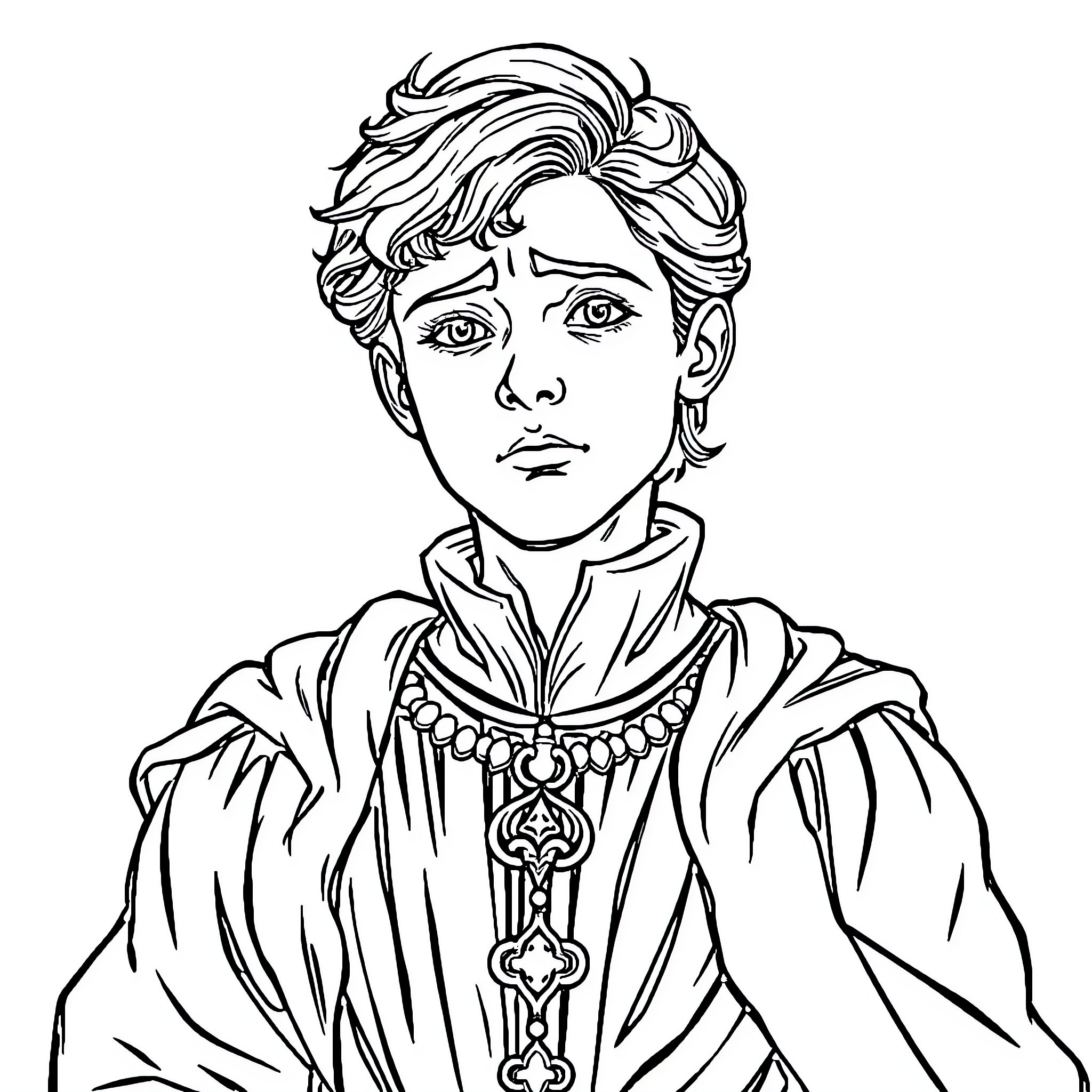 Prince in ornate attire with thoughtful expression Coloring Page (free black-and-white line drawing printable PDF for all, from beginners to advanced learners, including children, teens, adults, and seniors)
