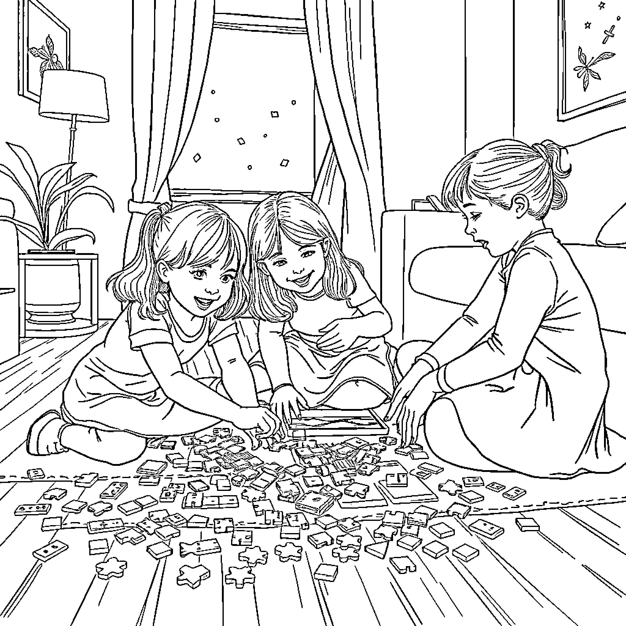 Girl friends playing with puzzles in cozy room Coloring Page (free black-and-white line drawing printable PDF for all, from beginners to advanced learners, including children, teens, adults, and seniors)