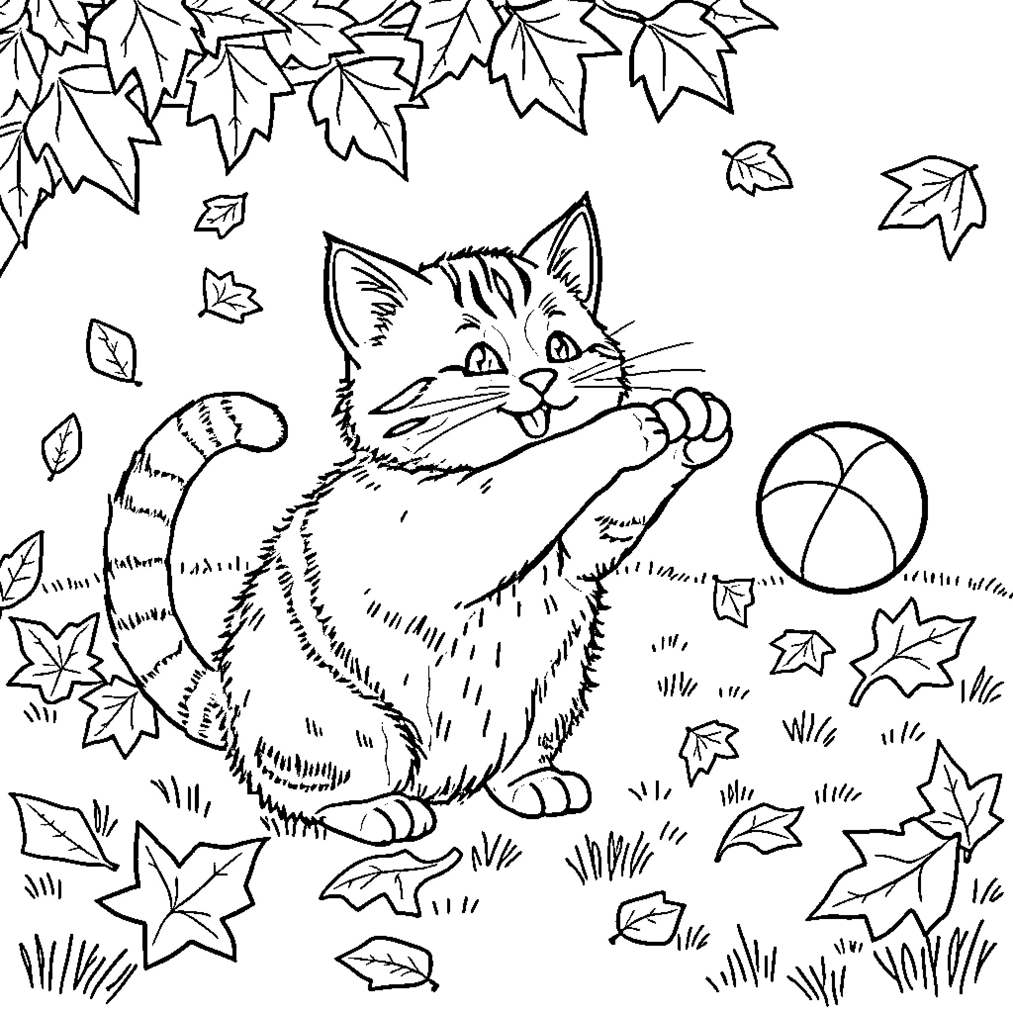 Cat playing with autumn leaves Coloring Page (free black-and-white line drawing printable PDF for all, from beginners to advanced learners, including children, teens, adults, and seniors)