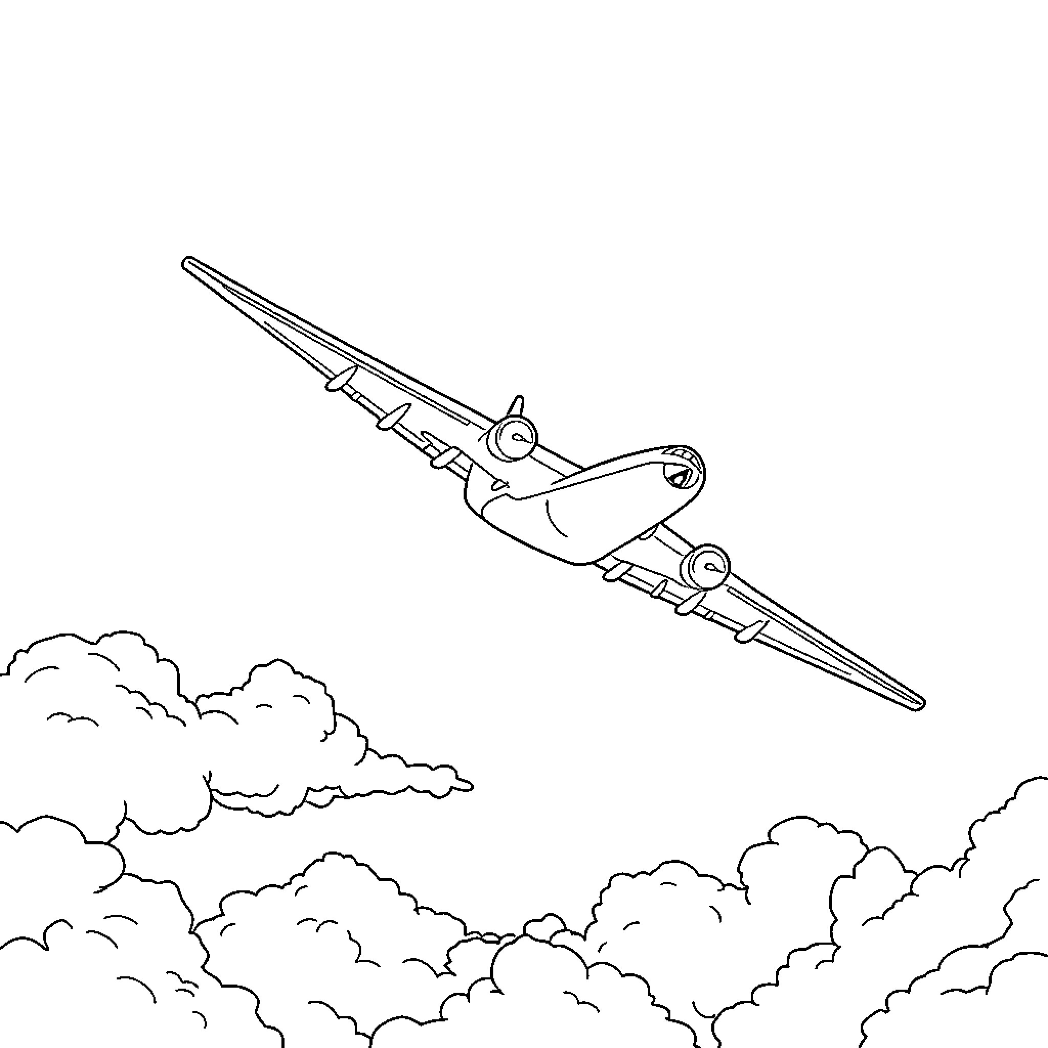 Plane soaring through the cloudy sky Coloring Page (free black-and-white line drawing printable PDF for all, from beginners to advanced learners, including children, teens, adults, and seniors)
