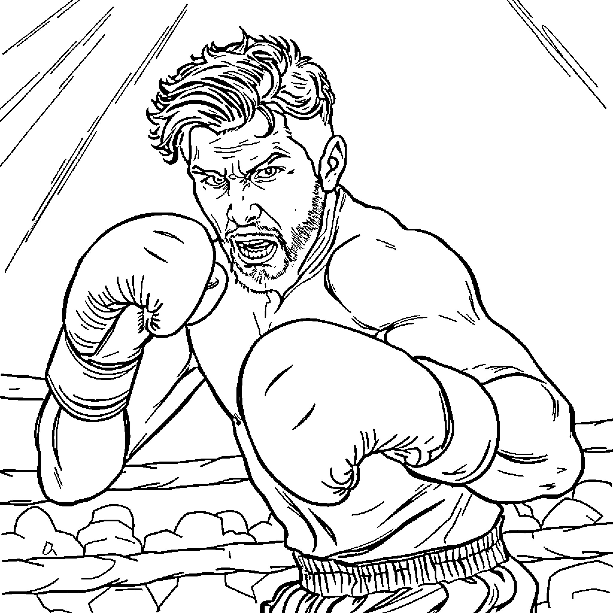 Javier Milei Boxing in the Ring Coloring Page (free black-and-white line drawing printable PDF for all, from beginners to advanced learners, including children, teens, adults, and seniors)