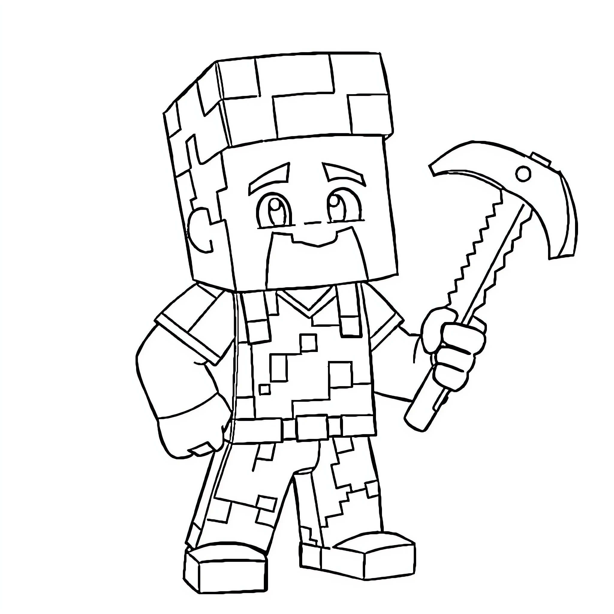 Jack Black as a Minecraft-style character wielding a pickaxe Coloring Page (free black-and-white line drawing printable PDF for all, from beginners to advanced learners, including children, teens, adults, and seniors)