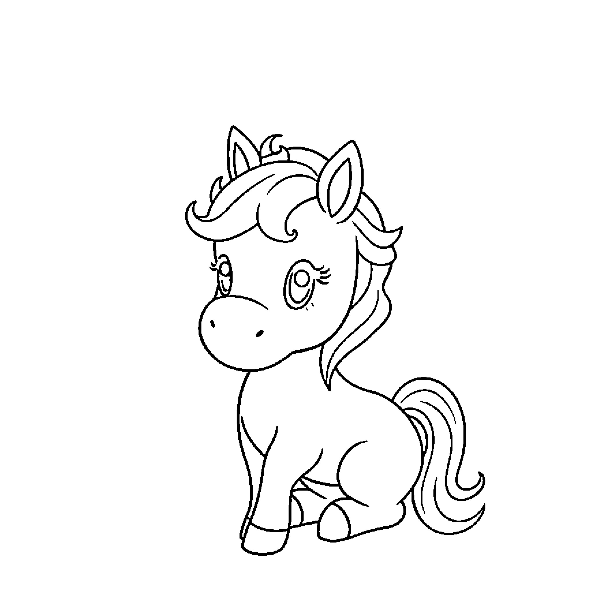 Unicorn sitting happily in the meadow Coloring Page (free black-and-white line drawing printable PDF for all, from beginners to advanced learners, including children, teens, adults, and seniors)