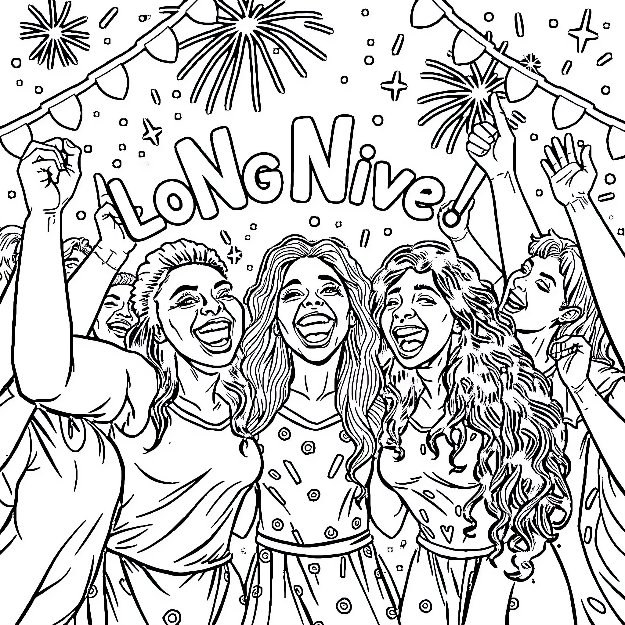 NeNe's Celebration of Friendship and Joy Coloring Page (free black-and-white line drawing printable PDF for all, from beginners to advanced learners, including children, teens, adults, and seniors)