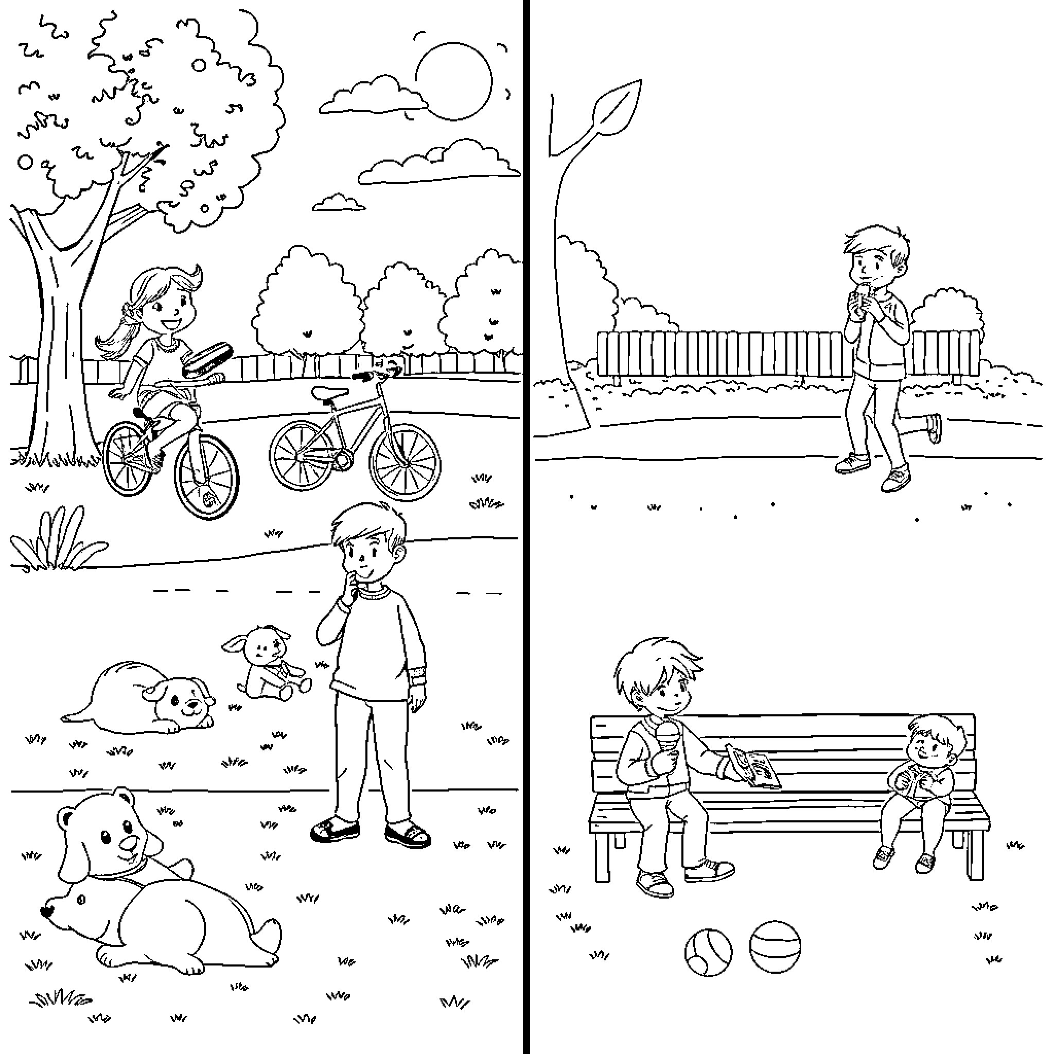 Park scenes with children and animals Coloring Page (free black-and-white line drawing printable PDF for all, from beginners to advanced learners, including children, teens, adults, and seniors)