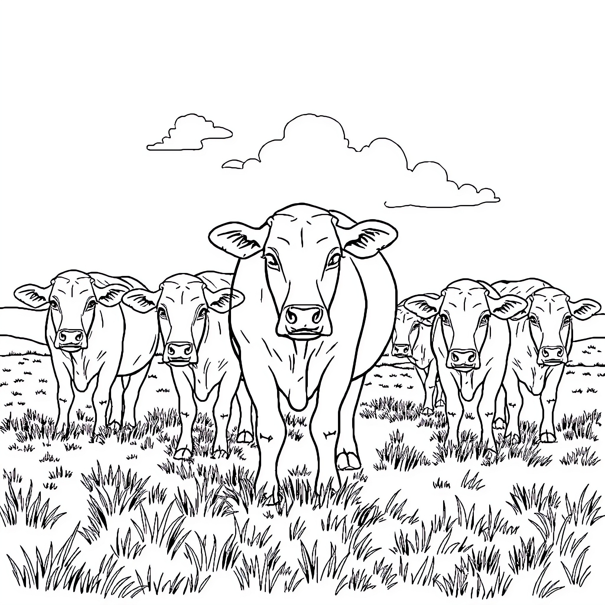 Cow herd grazing peacefully in the field Coloring Page (free black-and-white line drawing printable PDF for all, from beginners to advanced learners, including children, teens, adults, and seniors)