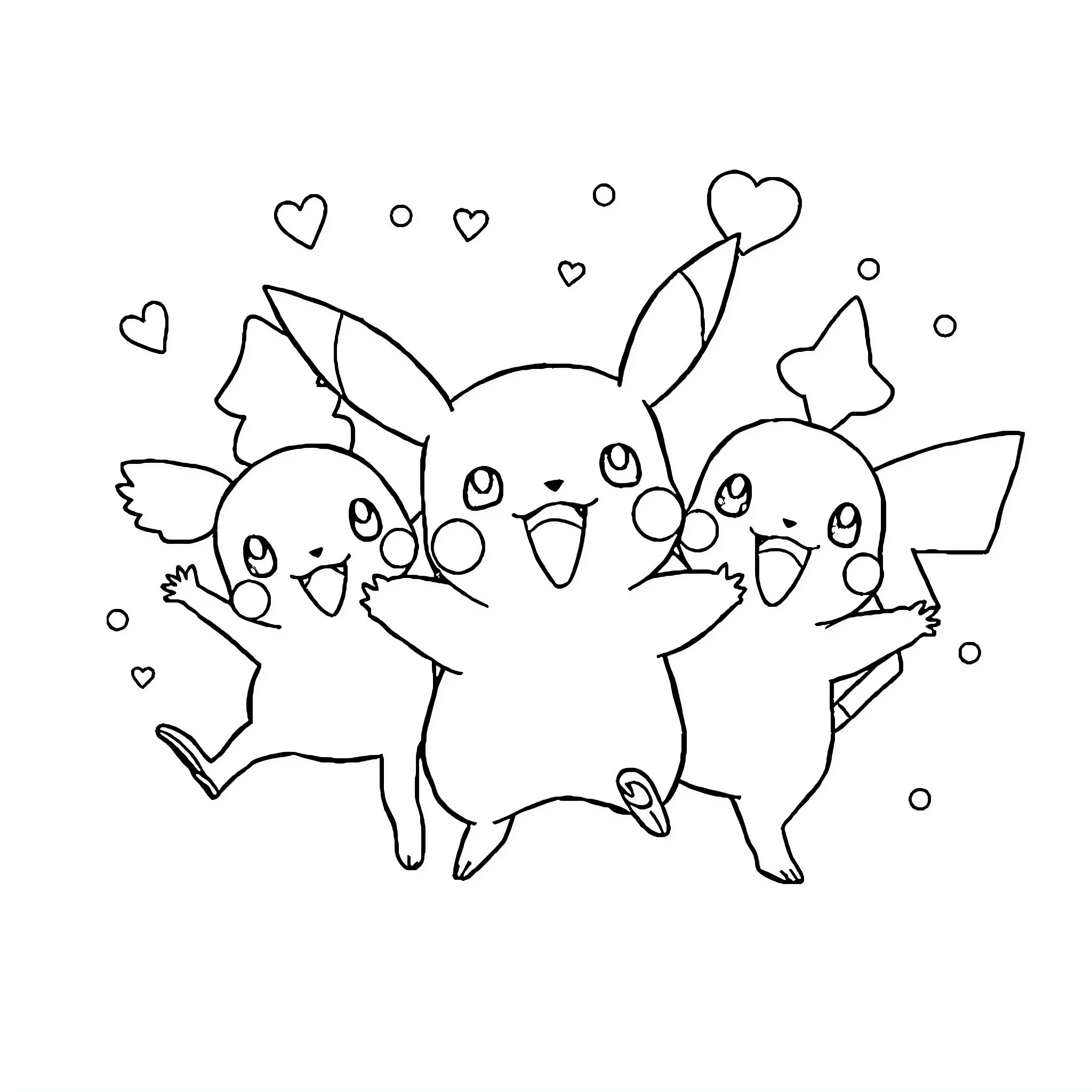 Pokémon characters happily playing together Coloring Page (free black-and-white line drawing printable PDF for all, from beginners to advanced learners, including children, teens, adults, and seniors)