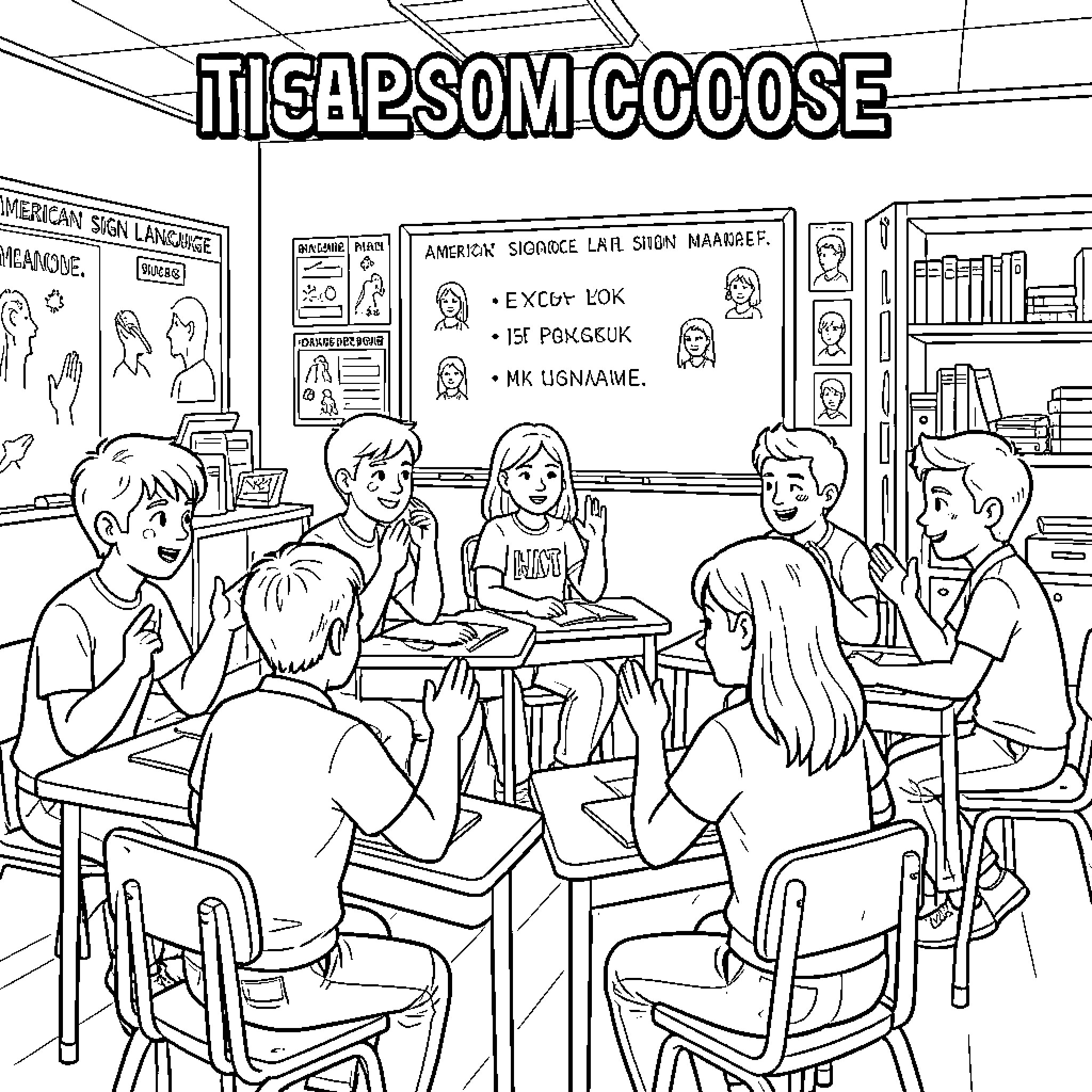 ASL classroom with students and teacher discussion Coloring Page (free black-and-white line drawing printable PDF for all, from beginners to advanced learners, including children, teens, adults, and seniors)
