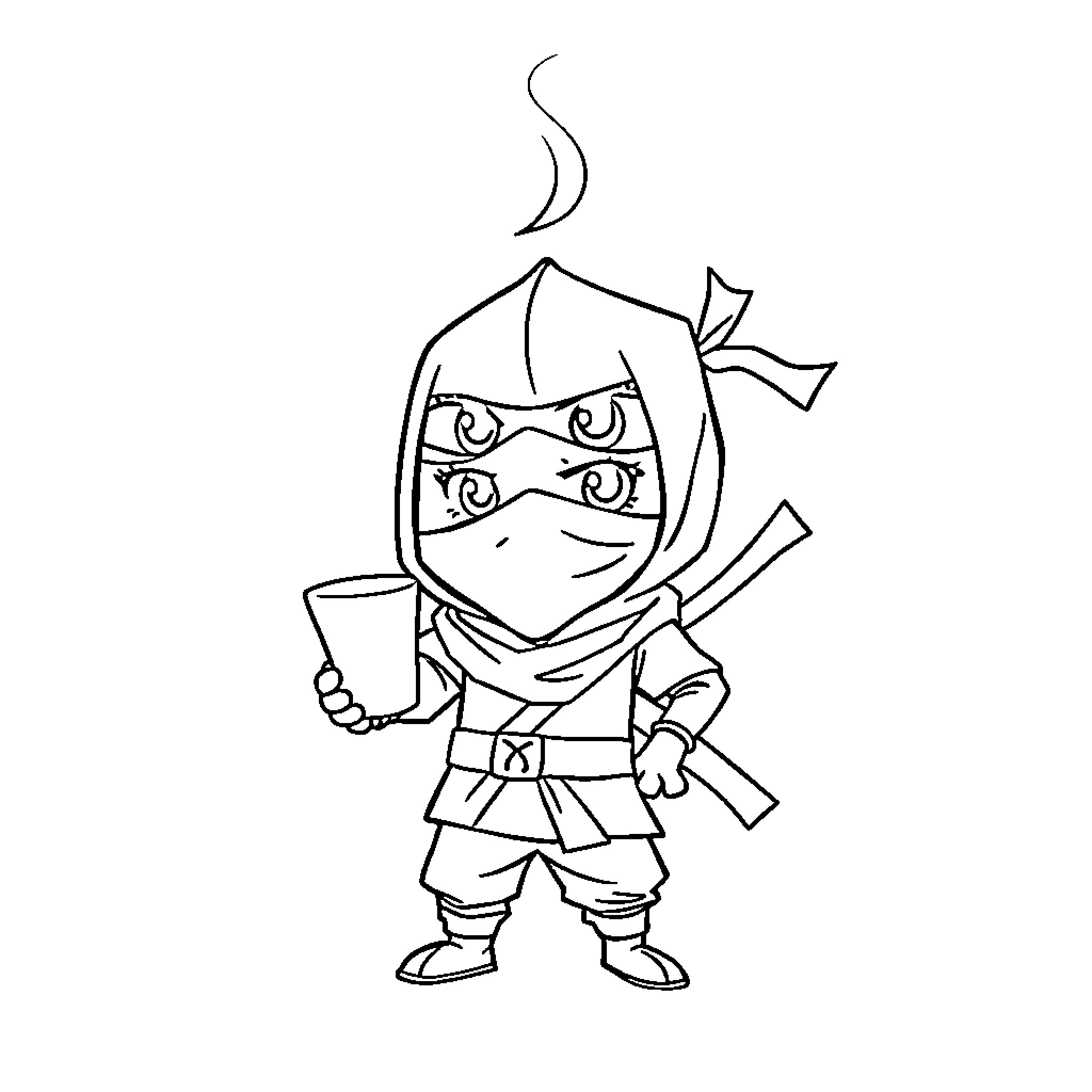 Cup Ninja Warrior in Uniform with Weapons Coloring Page (free black-and-white line drawing printable PDF for all, from beginners to advanced learners, including children, teens, adults, and seniors)