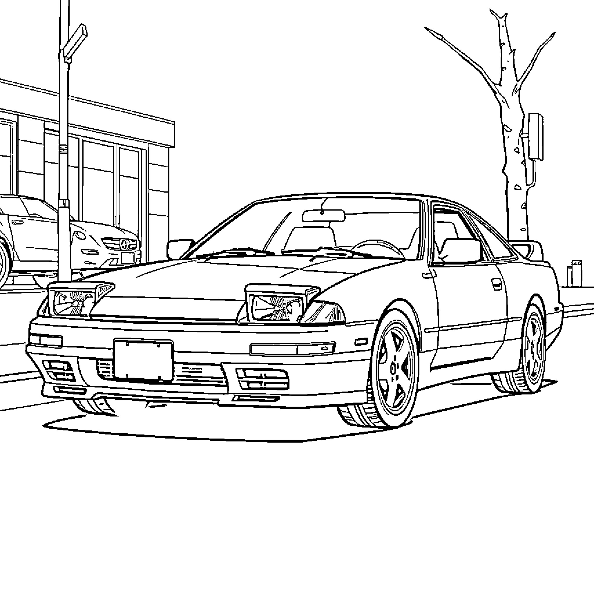 Nissan sports car parked on the street Coloring Page (free black-and-white line drawing printable PDF for all, from beginners to advanced learners, including children, teens, adults, and seniors)