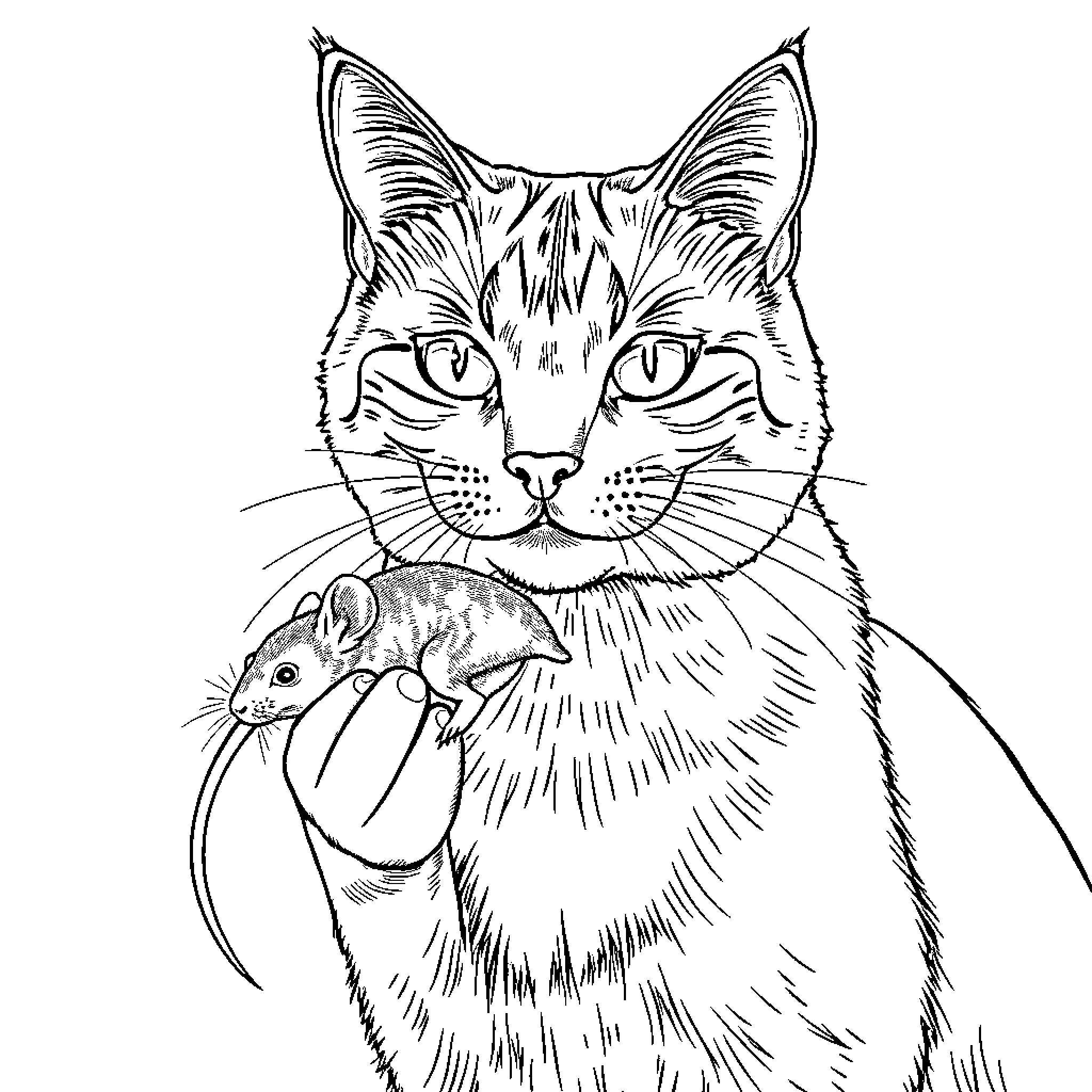 Cat catching a mouse in its mouth Coloring Page (free black-and-white line drawing printable PDF for all, from beginners to advanced learners, including children, teens, adults, and seniors)