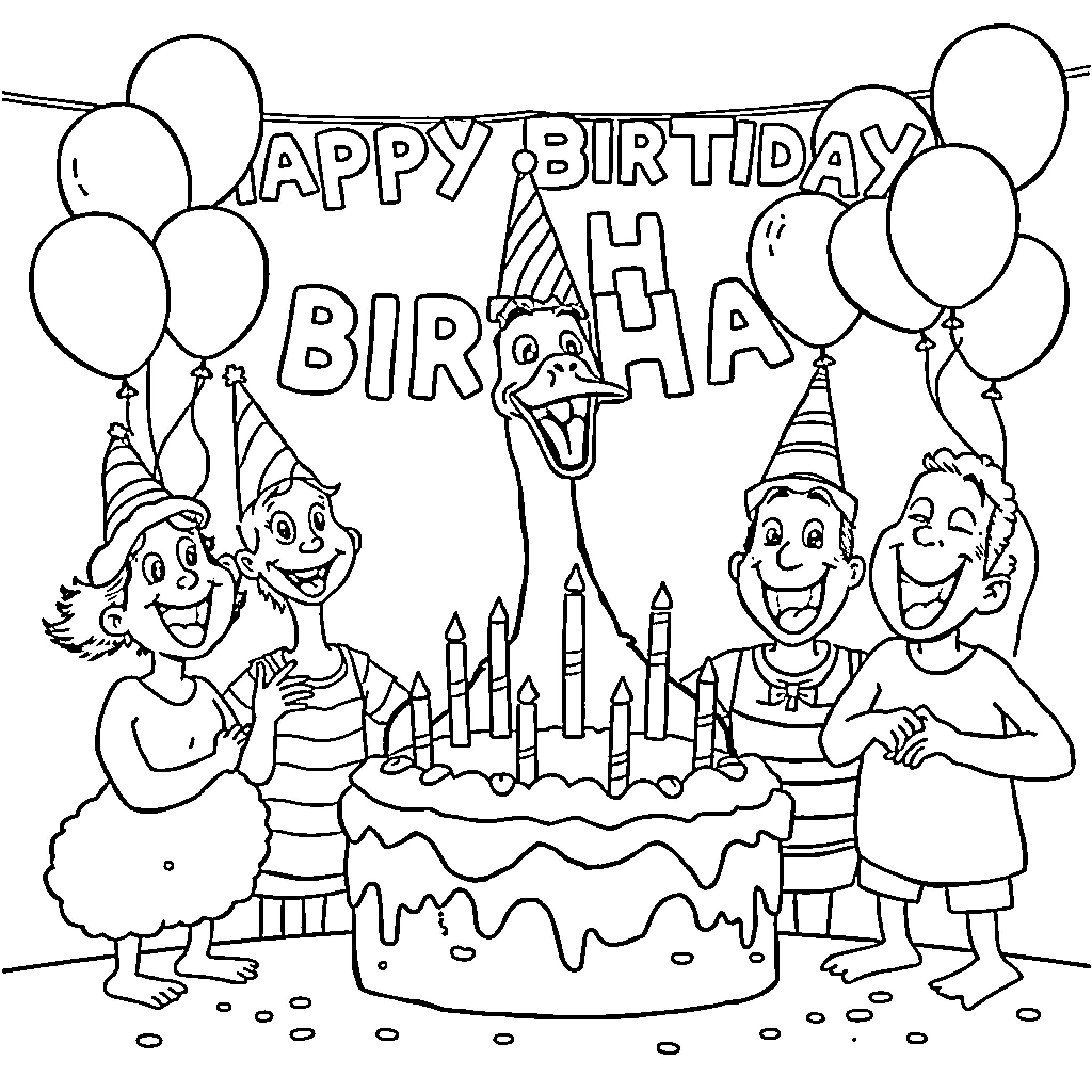 Goose celebrating a joyous birthday party with friends Coloring Page (free black-and-white line drawing printable PDF for all, from beginners to advanced learners, including children, teens, adults, and seniors)
