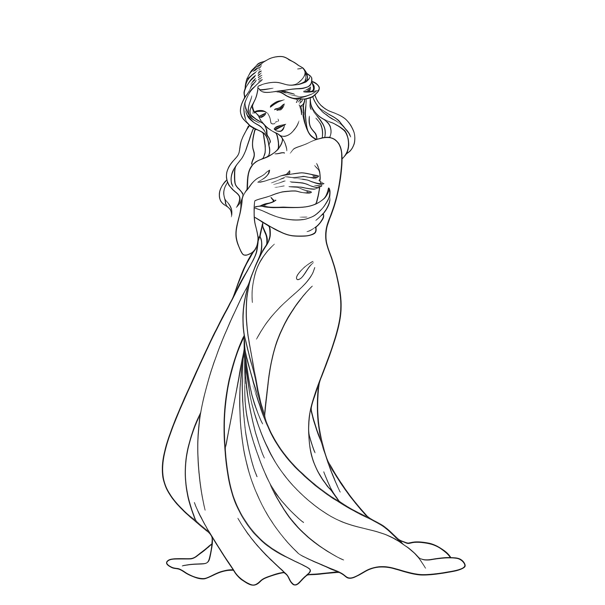Woman in flowing dress with long hair Coloring Page (free black-and-white line drawing printable PDF for all, from beginners to advanced learners, including children, teens, adults, and seniors)