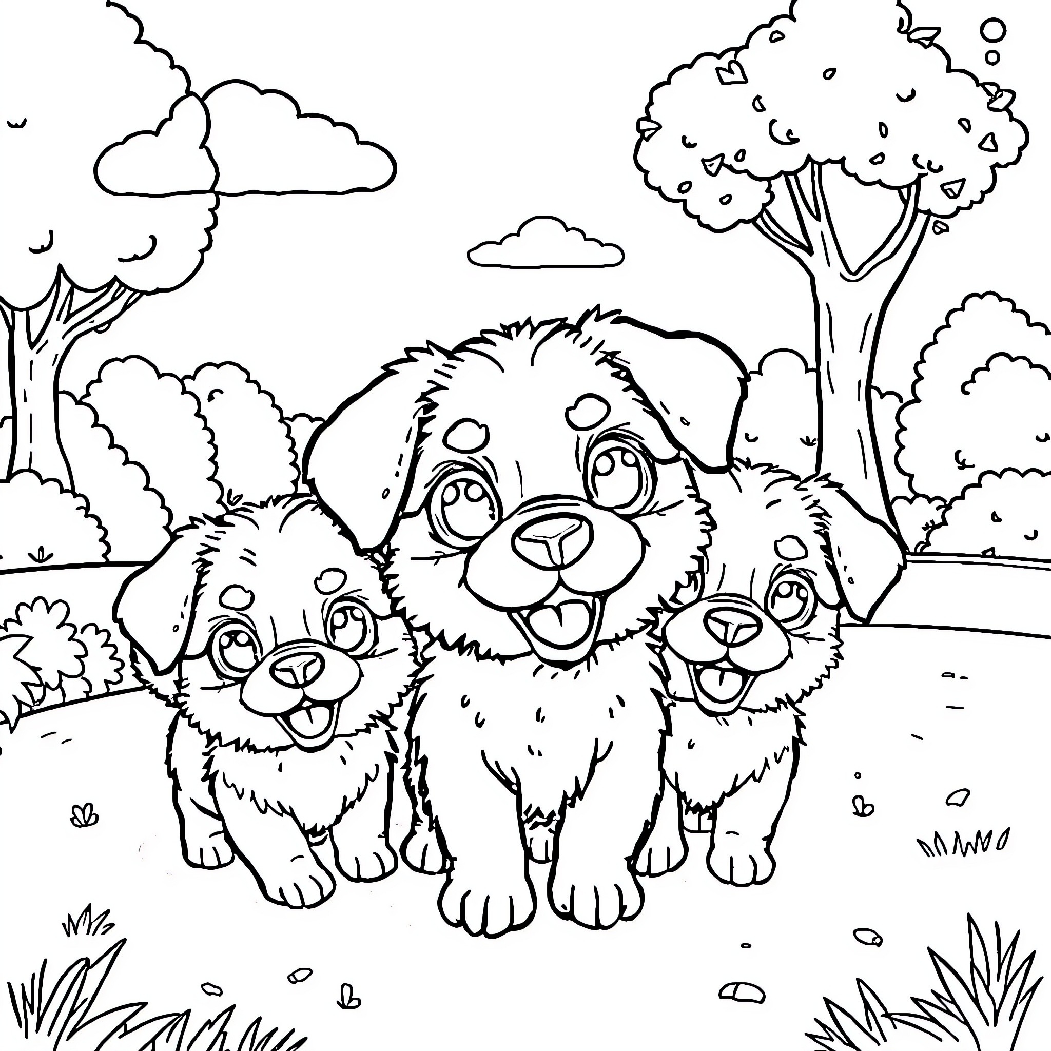 Dog and puppies playing happily in a park Coloring Page (free black-and-white line drawing printable PDF for all, from beginners to advanced learners, including children, teens, adults, and seniors)