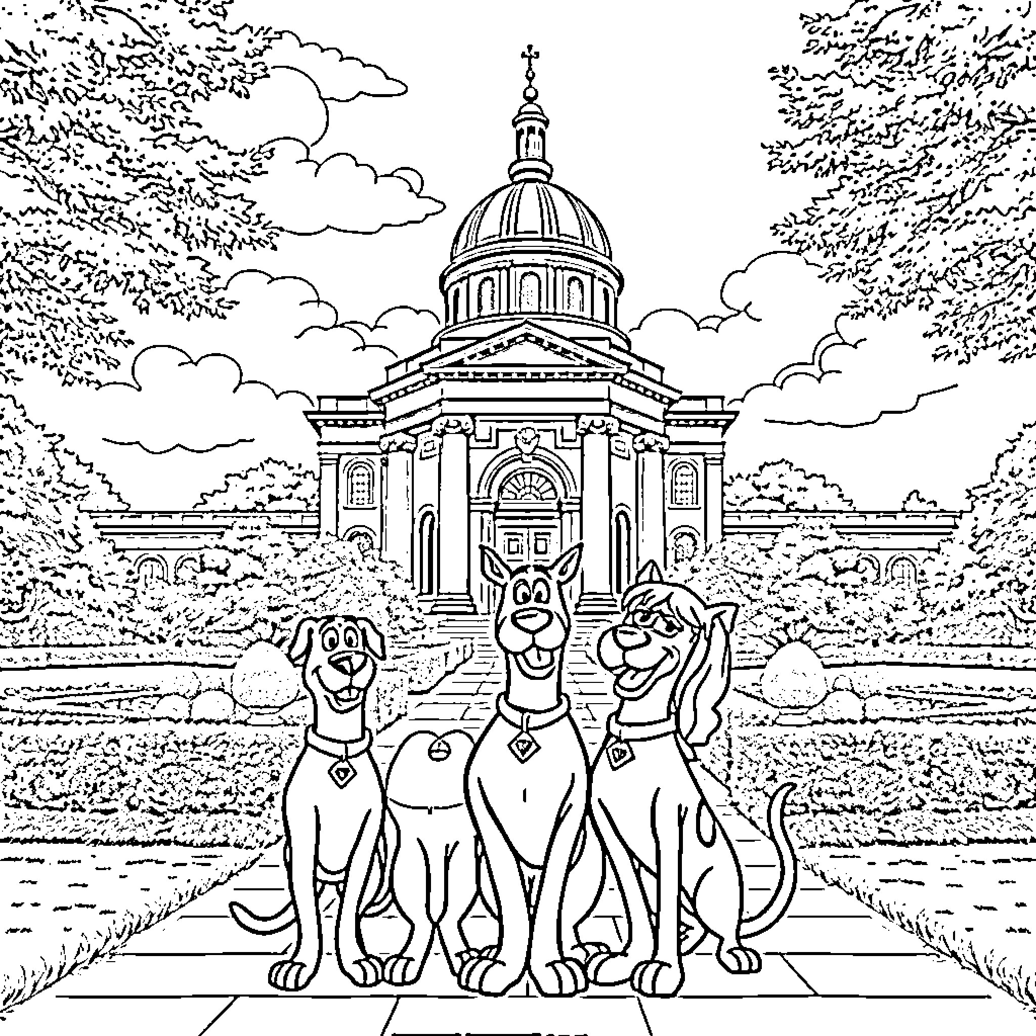 Scooby Doo and Gang Explore the Majestic Capitol Building Coloring Page (free black-and-white line drawing printable PDF for all, from beginners to advanced learners, including children, teens, adults, and seniors)