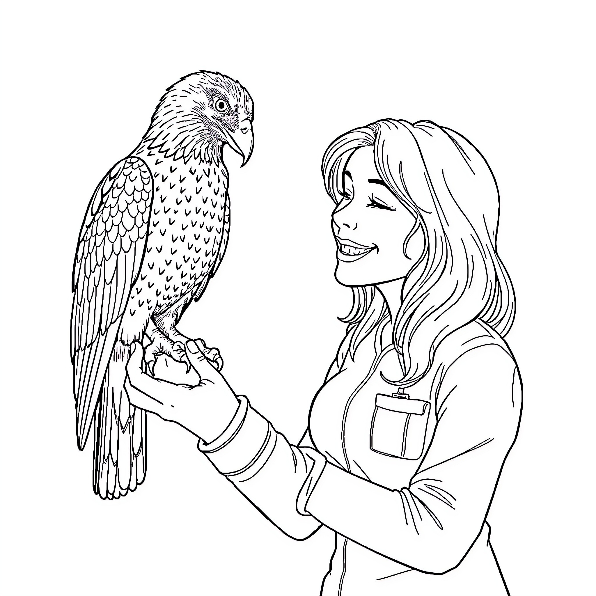 Hawk Handler Interacts Warmly with Feathered Companion Coloring Page (free black-and-white line drawing printable PDF for all, from beginners to advanced learners, including children, teens, adults, and seniors)