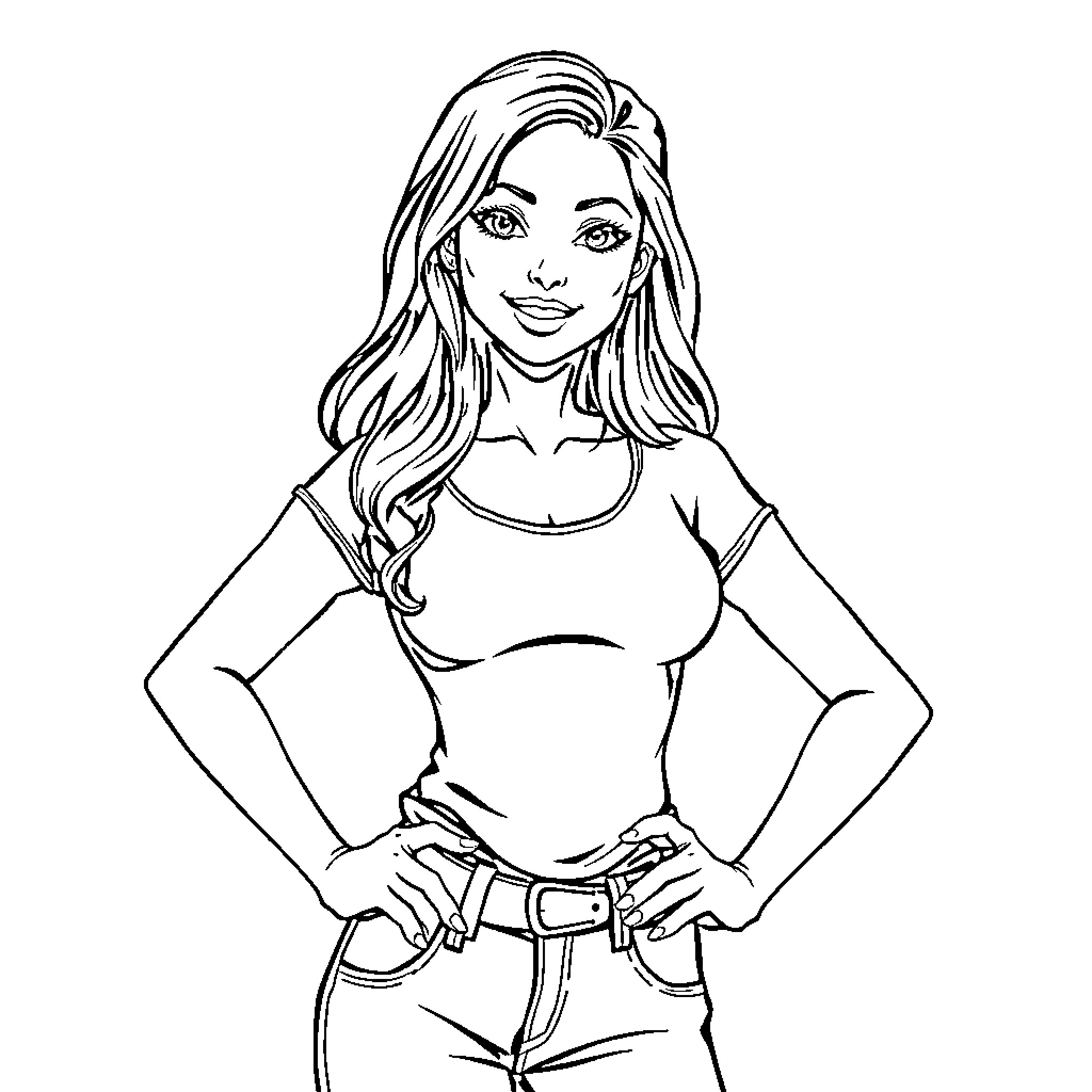 Girl with long hair posing confidently Coloring Page (free black-and-white line drawing printable PDF for all, from beginners to advanced learners, including children, teens, adults, and seniors)