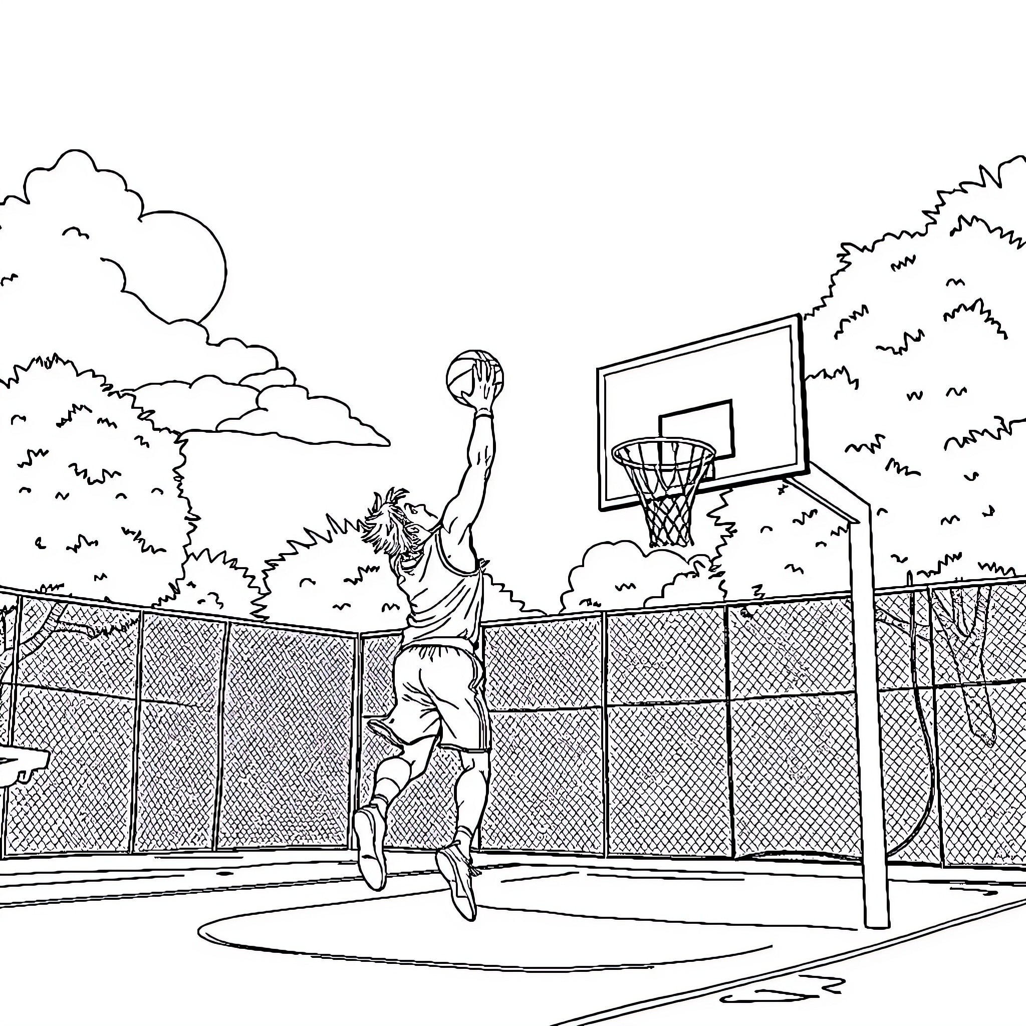 Basketball player dunking on outdoor court Coloring Page (free black-and-white line drawing printable PDF for all, from beginners to advanced learners, including children, teens, adults, and seniors)