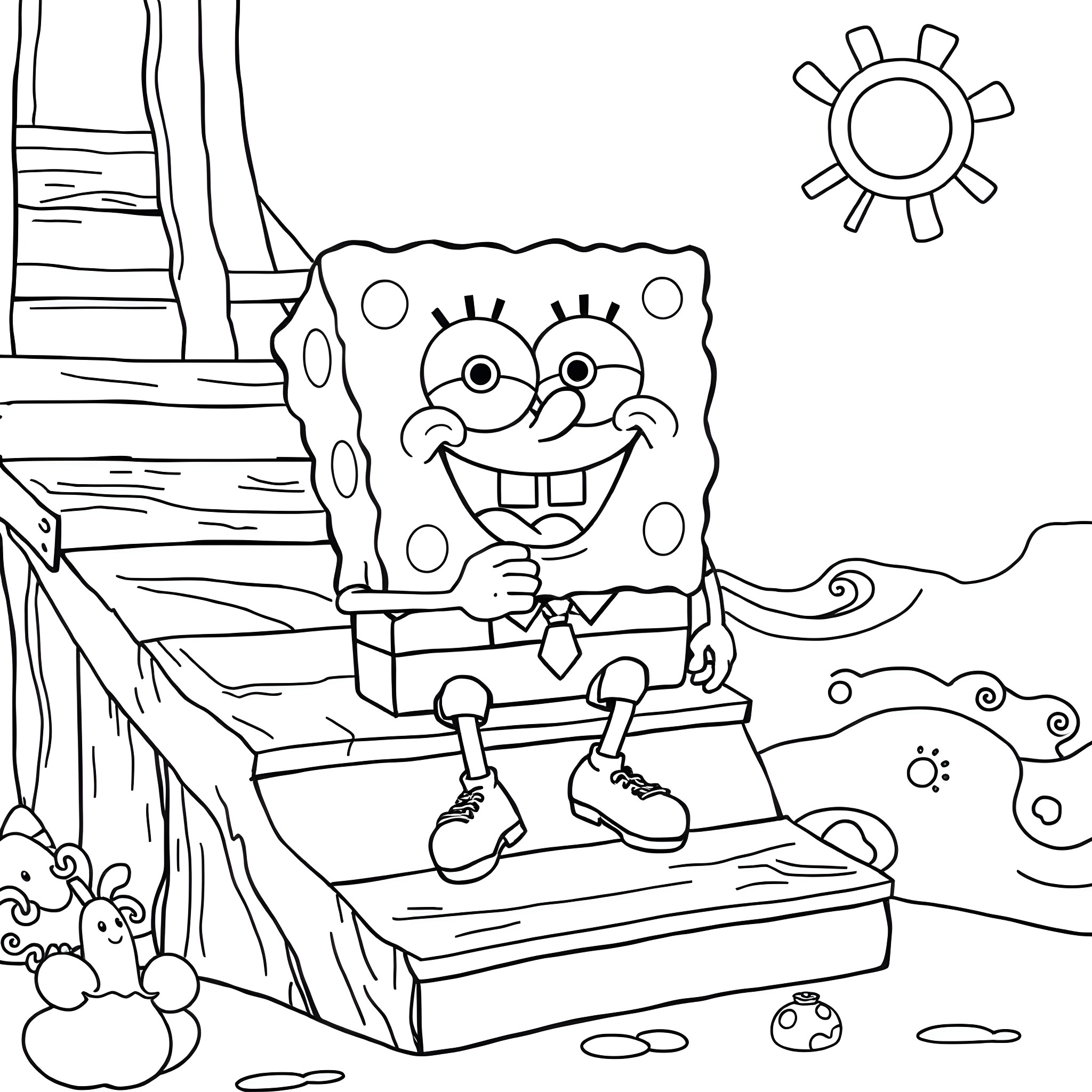 Spongebob joyfully sitting on a rock Coloring Page (free black-and-white line drawing printable PDF for all, from beginners to advanced learners, including children, teens, adults, and seniors)