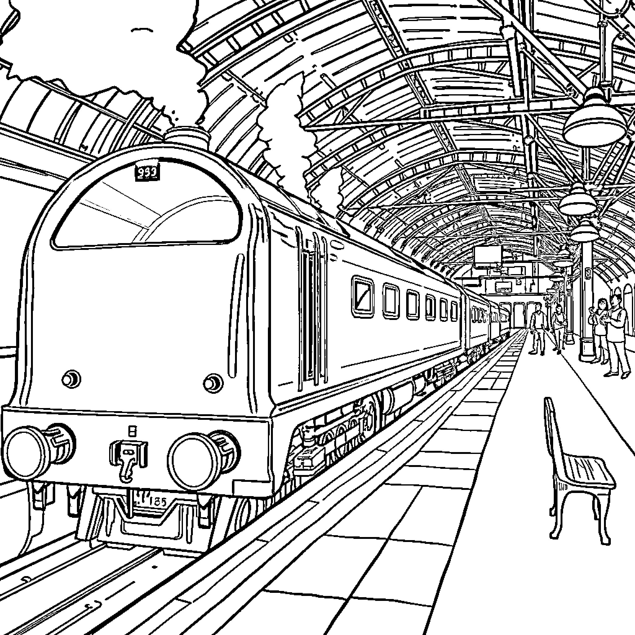 Hogwarts Express Arriving at the Bustling Platform Coloring Page (free black-and-white line drawing printable PDF for all, from beginners to advanced learners, including children, teens, adults, and seniors)