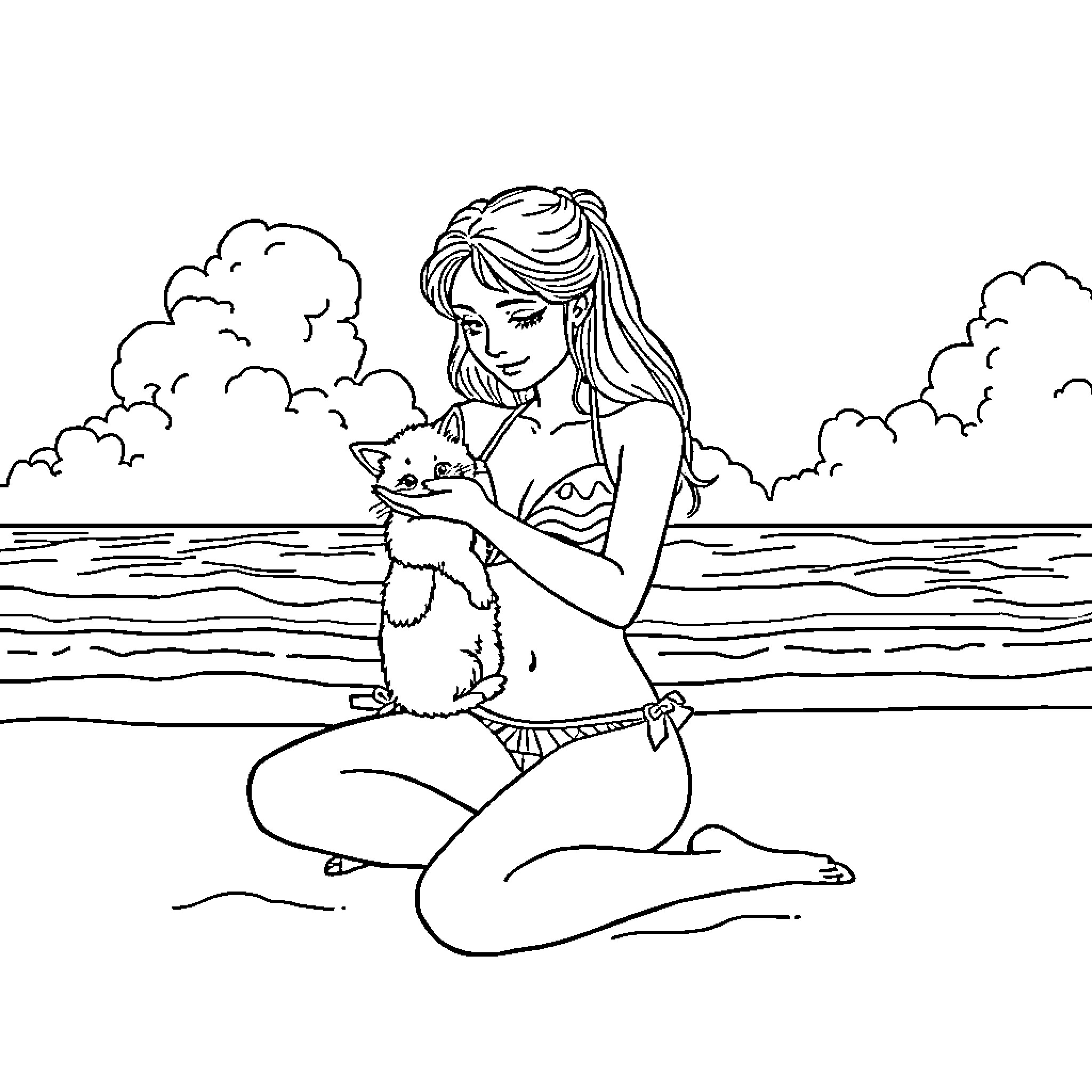 Bikini Girl relaxing with pet cat by the beach Coloring Page (free black-and-white line drawing printable PDF for all, from beginners to advanced learners, including children, teens, adults, and seniors)