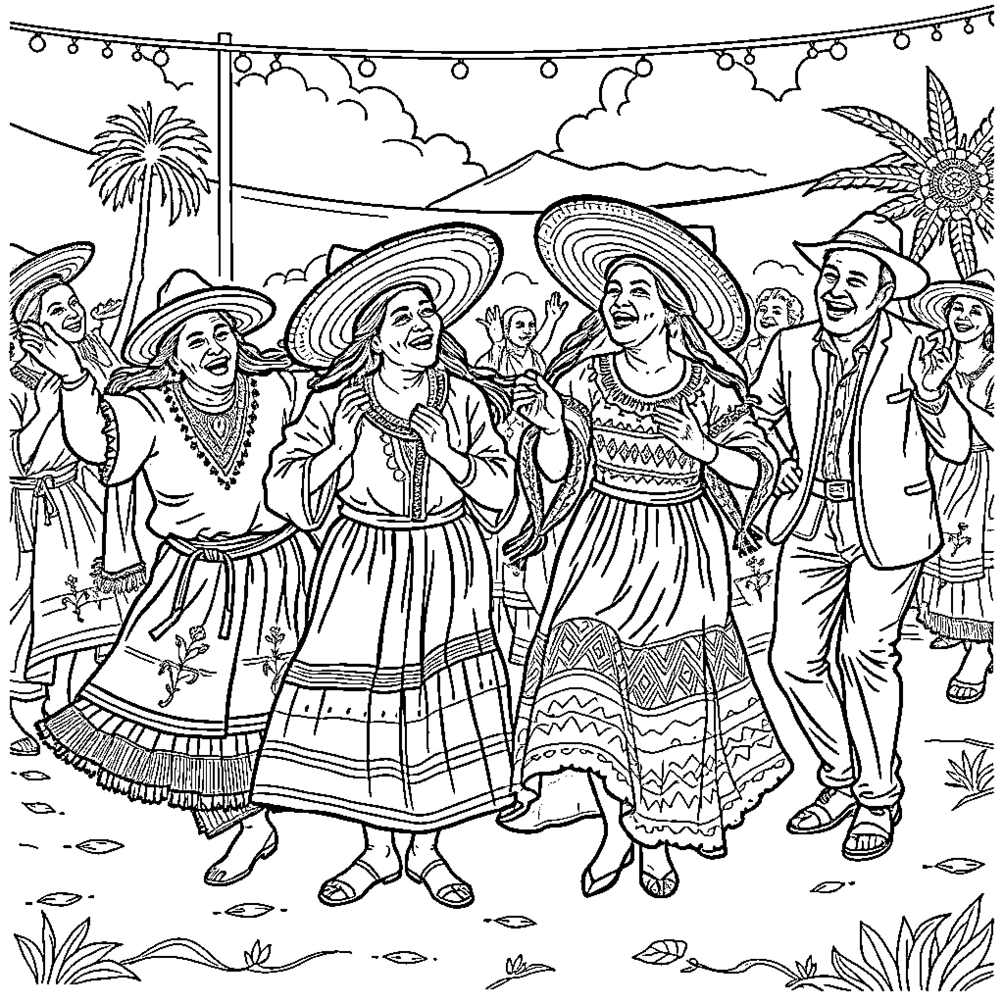 Viejitos enjoying a festive outdoor celebration Coloring Page (free black-and-white line drawing printable PDF for all, from beginners to advanced learners, including children, teens, adults, and seniors)