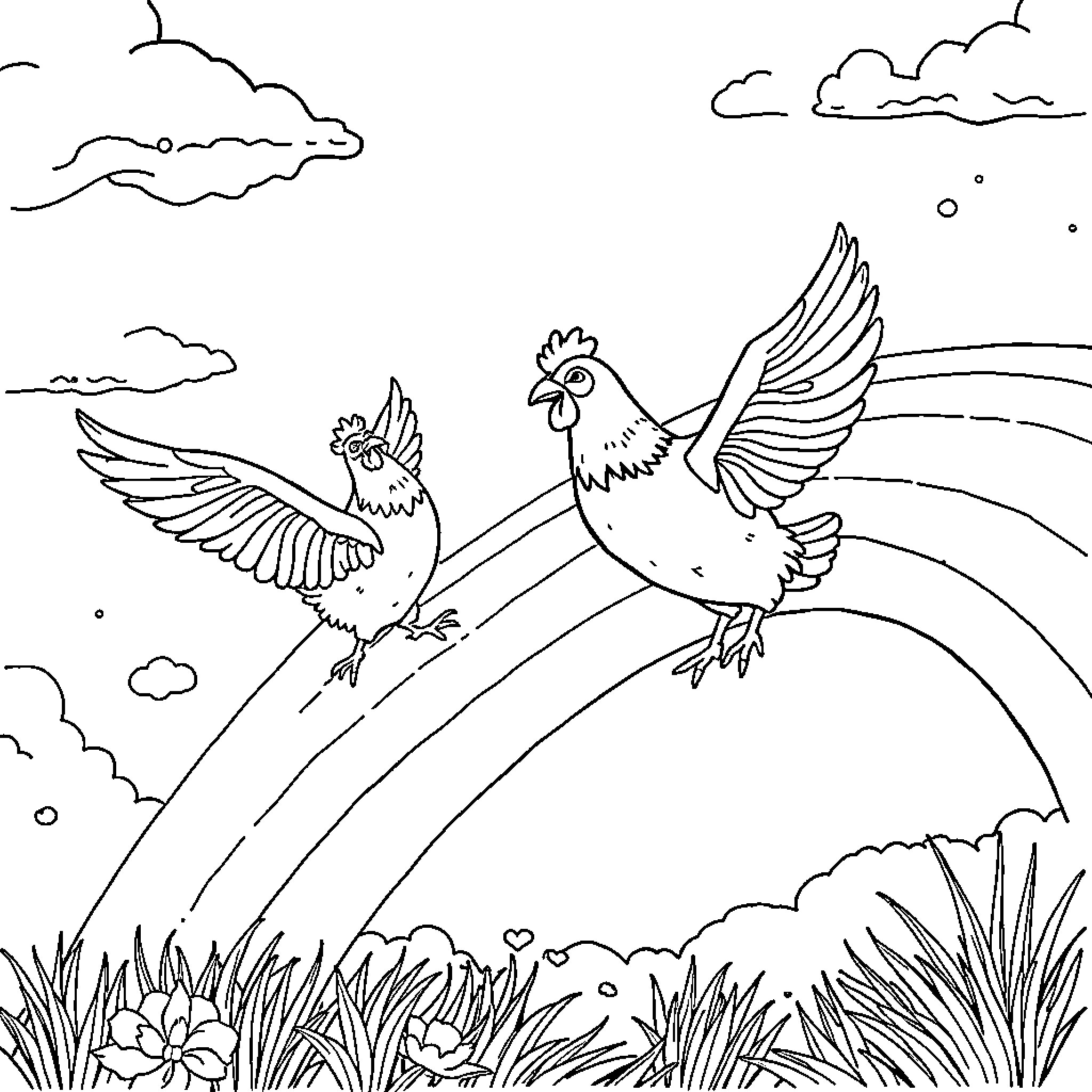 Chickens soaring through a colorful landscape Coloring Page (free black-and-white line drawing printable PDF for all, from beginners to advanced learners, including children, teens, adults, and seniors)