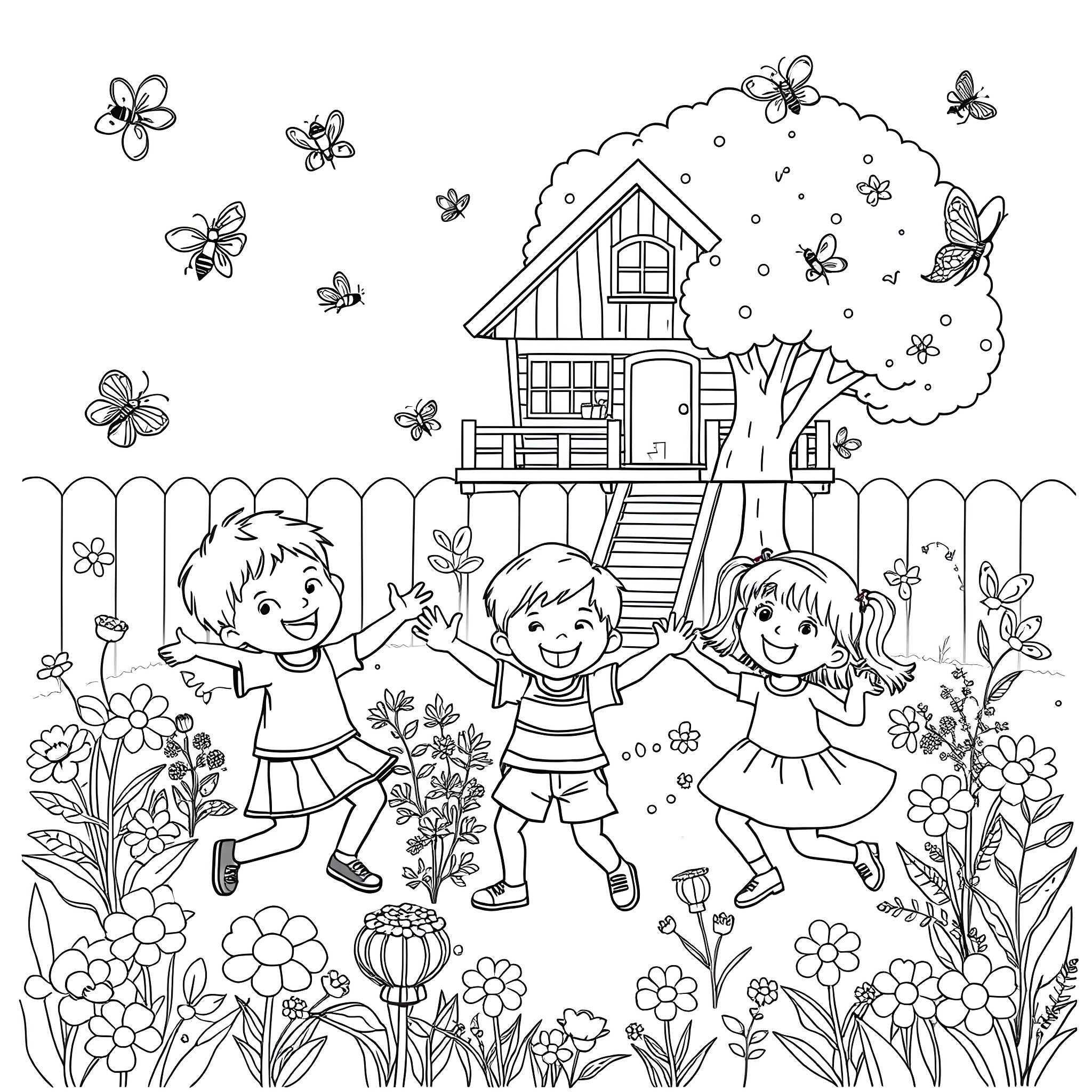 Kids playing happily in the flower garden Coloring Page (free black-and-white line drawing printable PDF for all, from beginners to advanced learners, including children, teens, adults, and seniors)