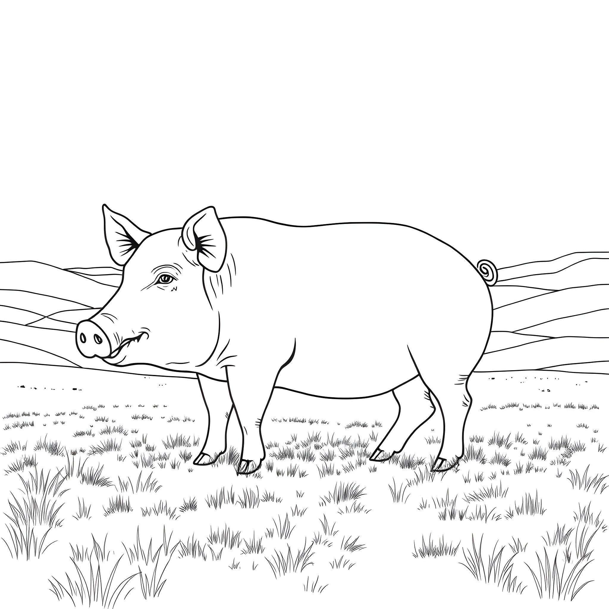 Pig standing in a grassy field Coloring Page (free black-and-white line drawing printable PDF for all, from beginners to advanced learners, including children, teens, adults, and seniors)