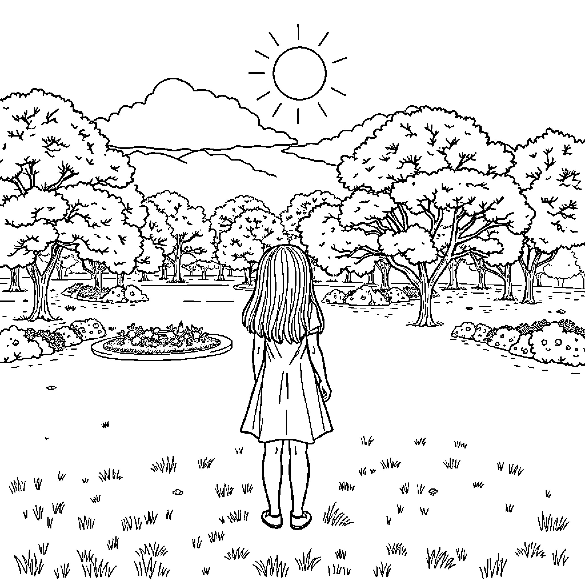 Girl exploring serene natural landscape Coloring Page (free black-and-white line drawing printable PDF for all, from beginners to advanced learners, including children, teens, adults, and seniors)