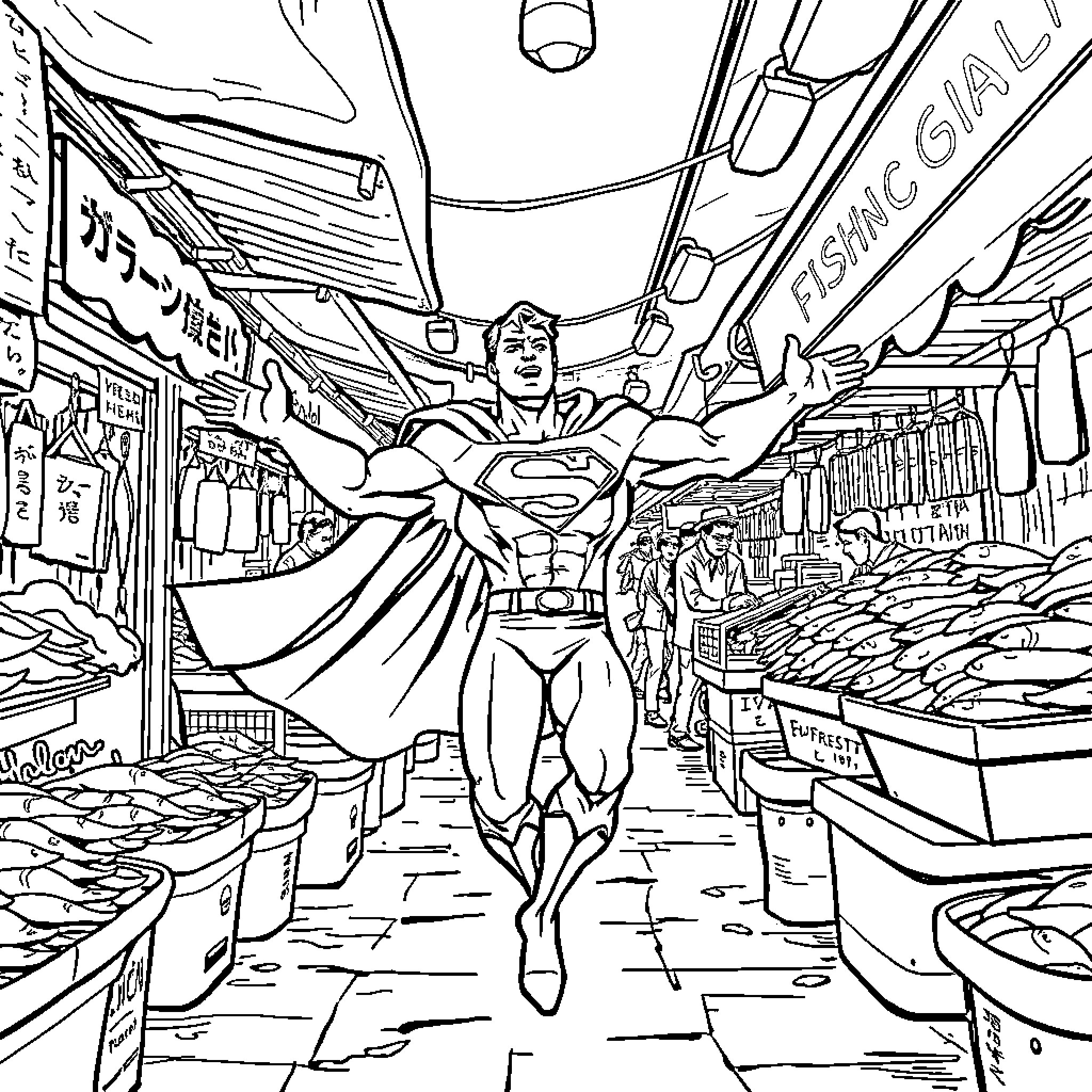 Superman flying heroically through busy market Coloring Page (free black-and-white line drawing printable PDF for all, from beginners to advanced learners, including children, teens, adults, and seniors)