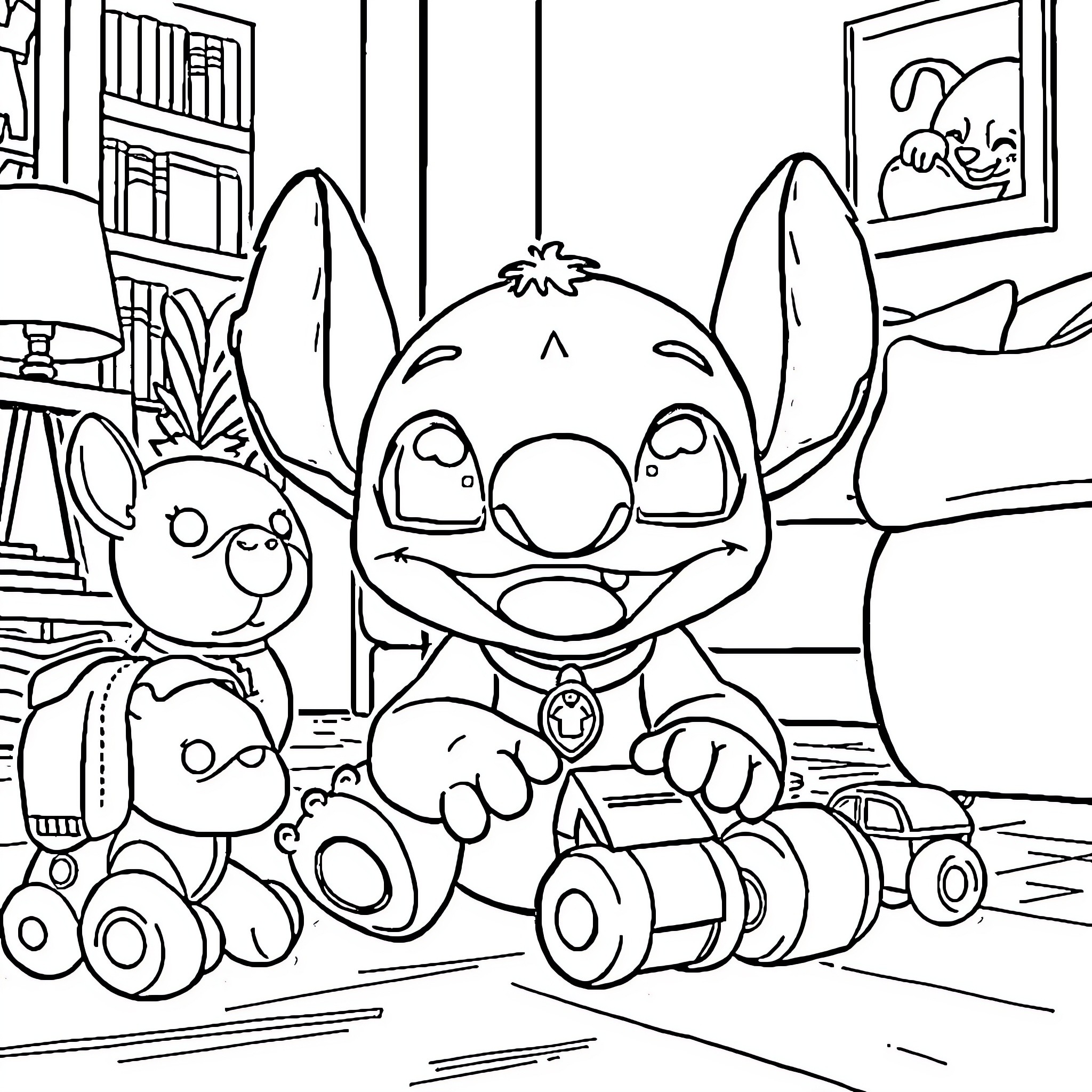 Stitch playing with toys in a cozy room Coloring Page (free black-and-white line drawing printable PDF for all, from beginners to advanced learners, including children, teens, adults, and seniors)