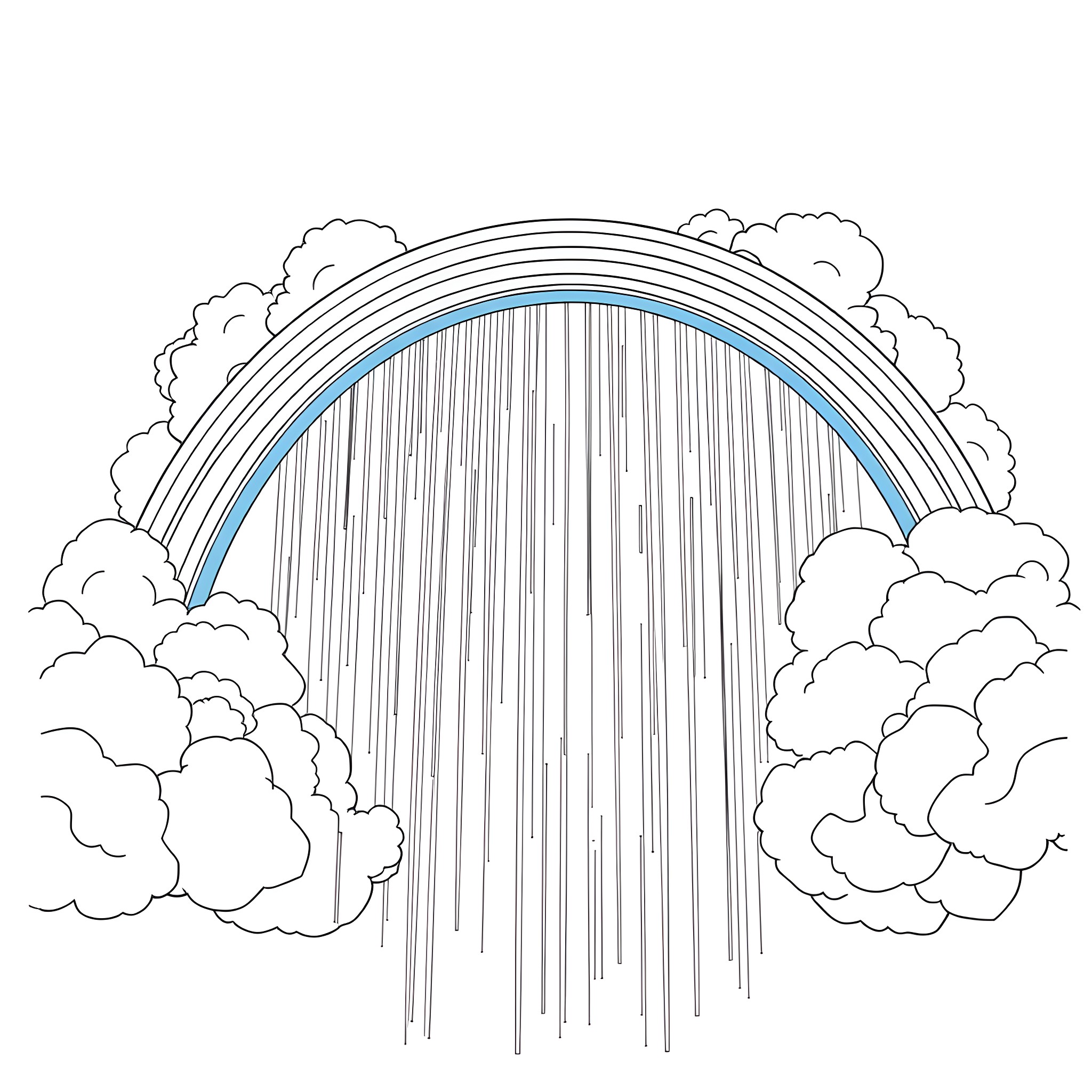 Rainbow waterfall in the cloudy skies Coloring Page (free black-and-white line drawing printable PDF for all, from beginners to advanced learners, including children, teens, adults, and seniors)