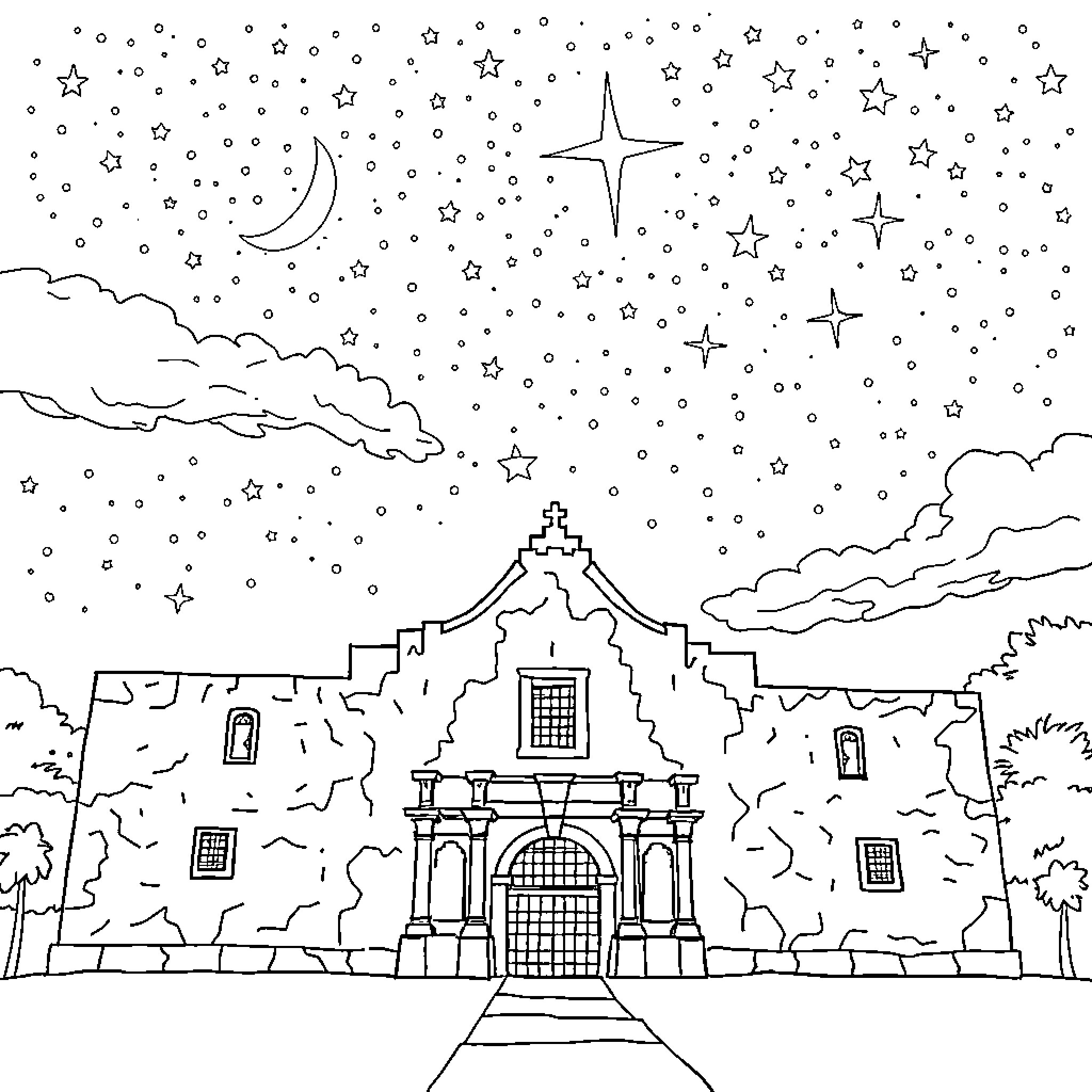 Alamo landmark under starry night sky Coloring Page (free black-and-white line drawing printable PDF for all, from beginners to advanced learners, including children, teens, adults, and seniors)