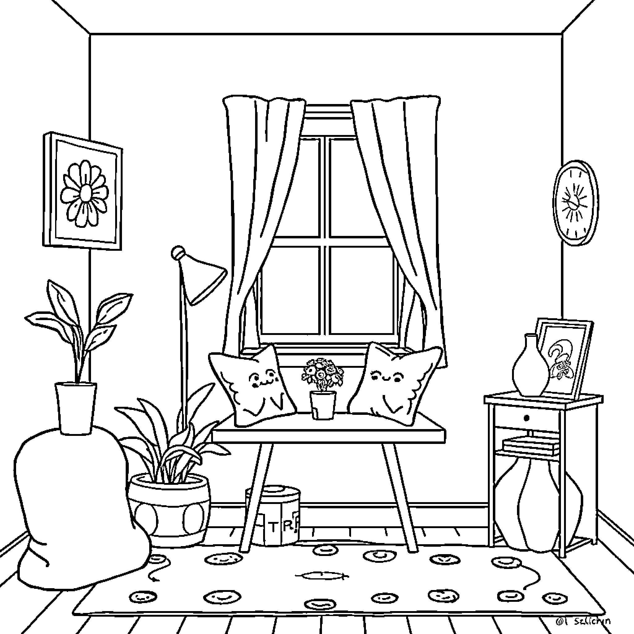 Self Love: Cozy Home Sanctuary Coloring Page (free black-and-white line drawing printable PDF for all, from beginners to advanced learners, including children, teens, adults, and seniors)