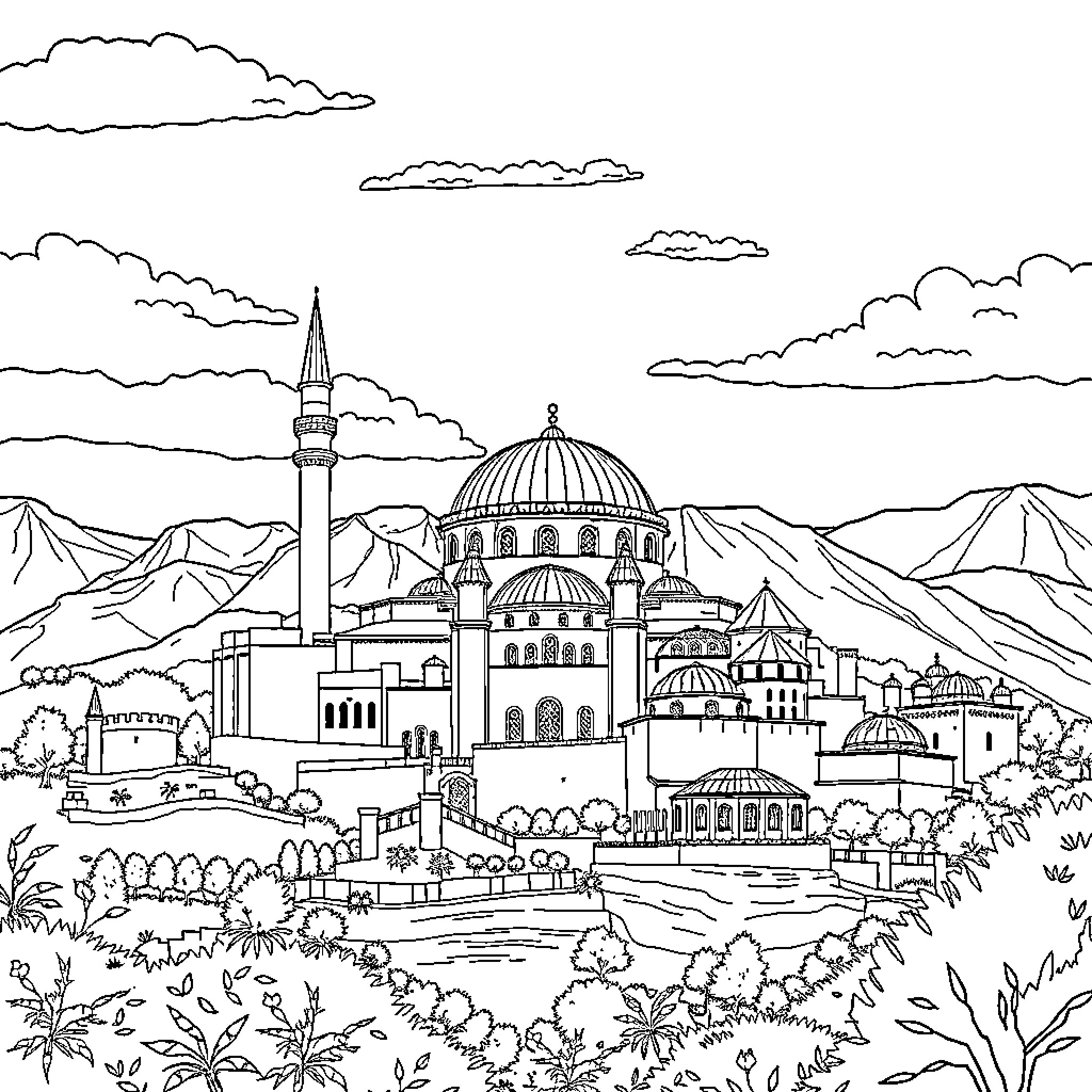 Turkey's Iconic Architectural Landmarks in the Scenic Landscape Coloring Page (free black-and-white line drawing printable PDF for all, from beginners to advanced learners, including children, teens, adults, and seniors)
