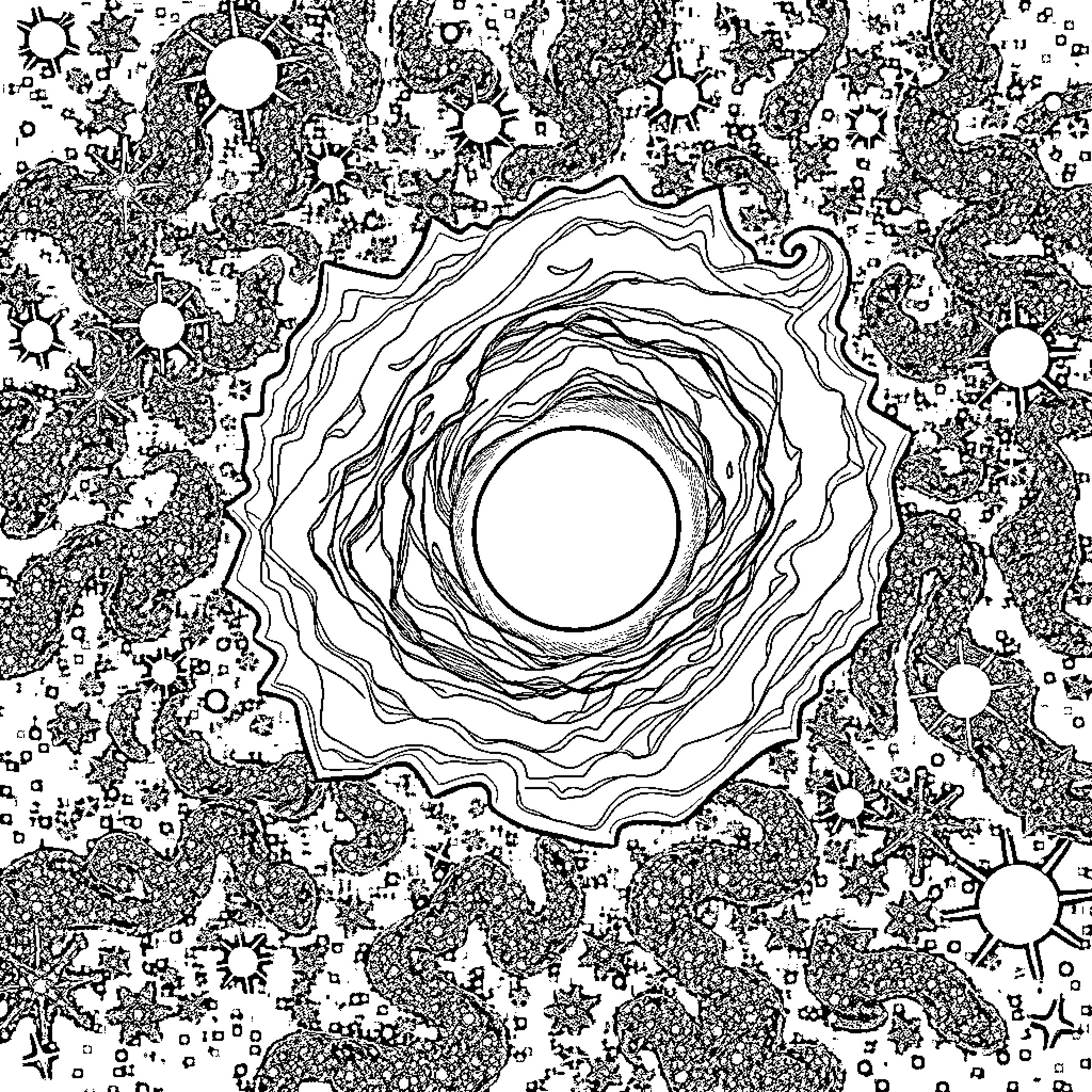 Black Hole Surrounded by Cosmic Patterns Coloring Page (free black-and-white line drawing printable PDF for all, from beginners to advanced learners, including children, teens, adults, and seniors)