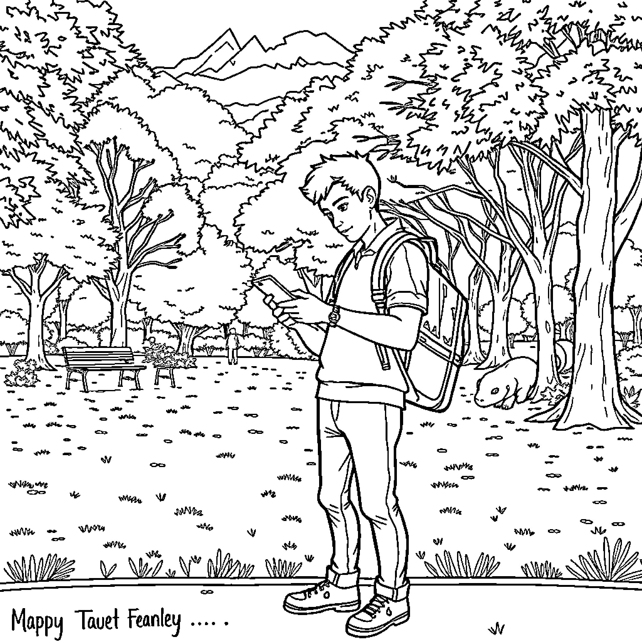 Man exploring the outdoors with backpack and camera Coloring Page (free black-and-white line drawing printable PDF for all, from beginners to advanced learners, including children, teens, adults, and seniors)
