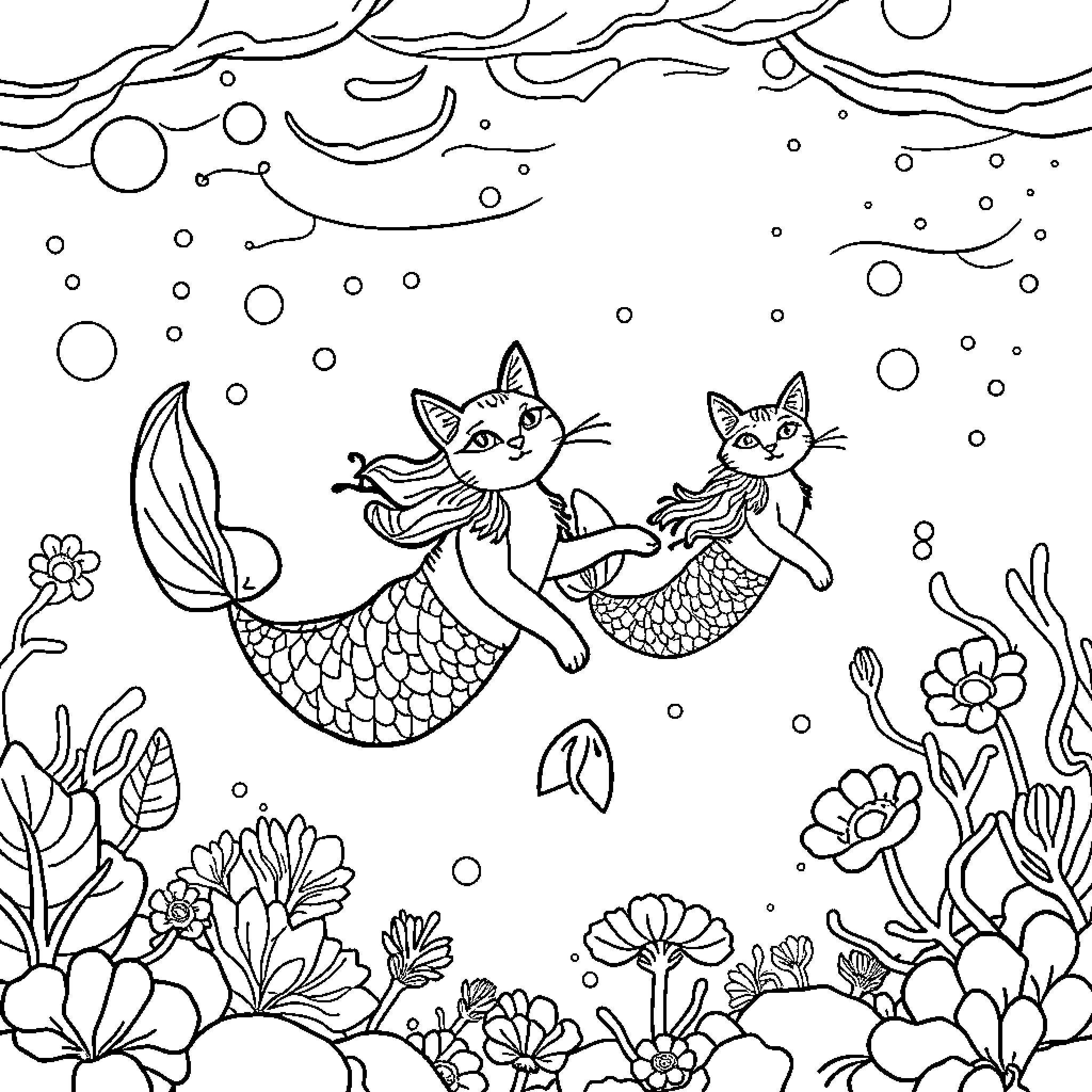 Cat Mermaids Exploring Underwater Garden Coloring Page (free black-and-white line drawing printable PDF for all, from beginners to advanced learners, including children, teens, adults, and seniors)