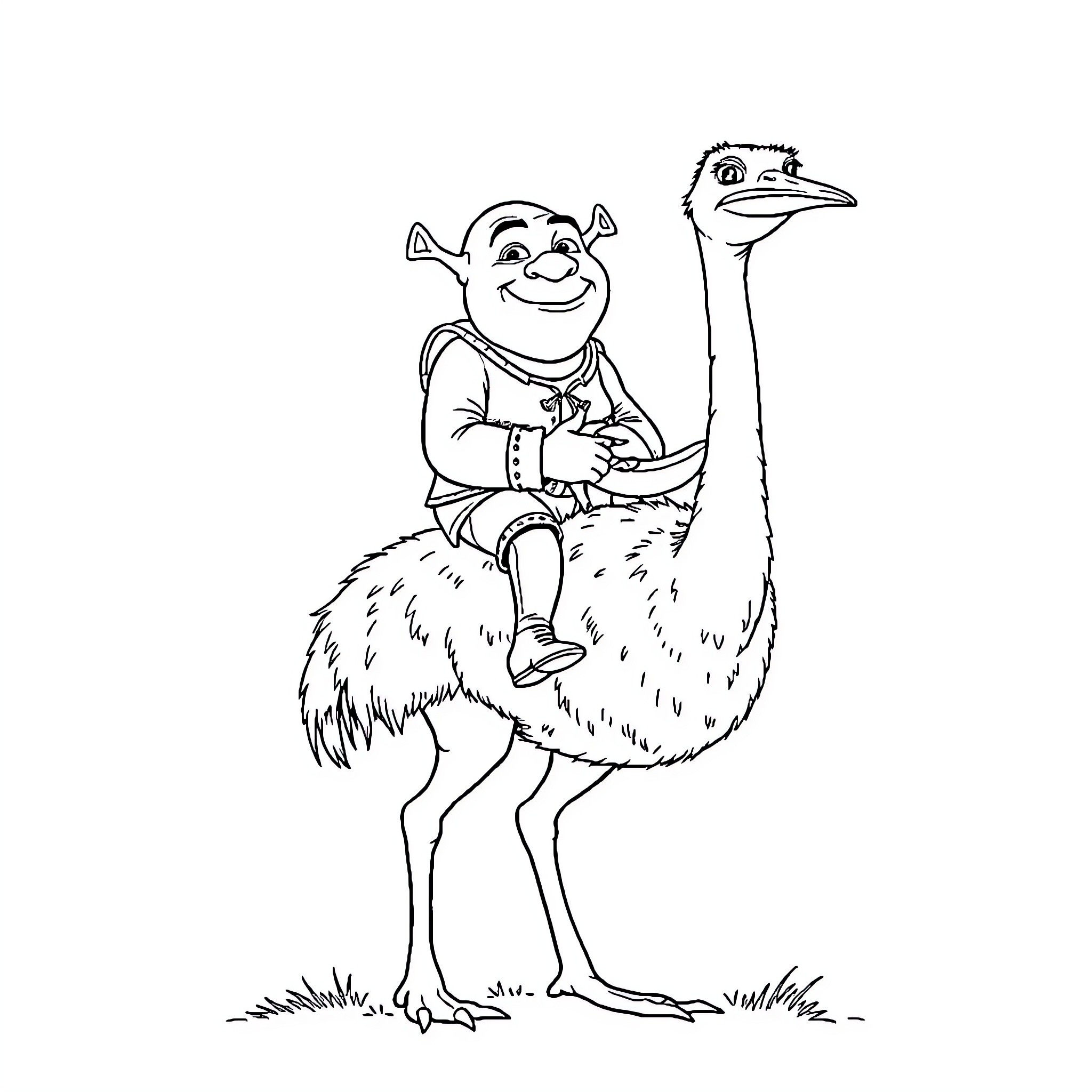 Shrek riding a happy ostrich Coloring Page (free black-and-white line drawing printable PDF for all, from beginners to advanced learners, including children, teens, adults, and seniors)