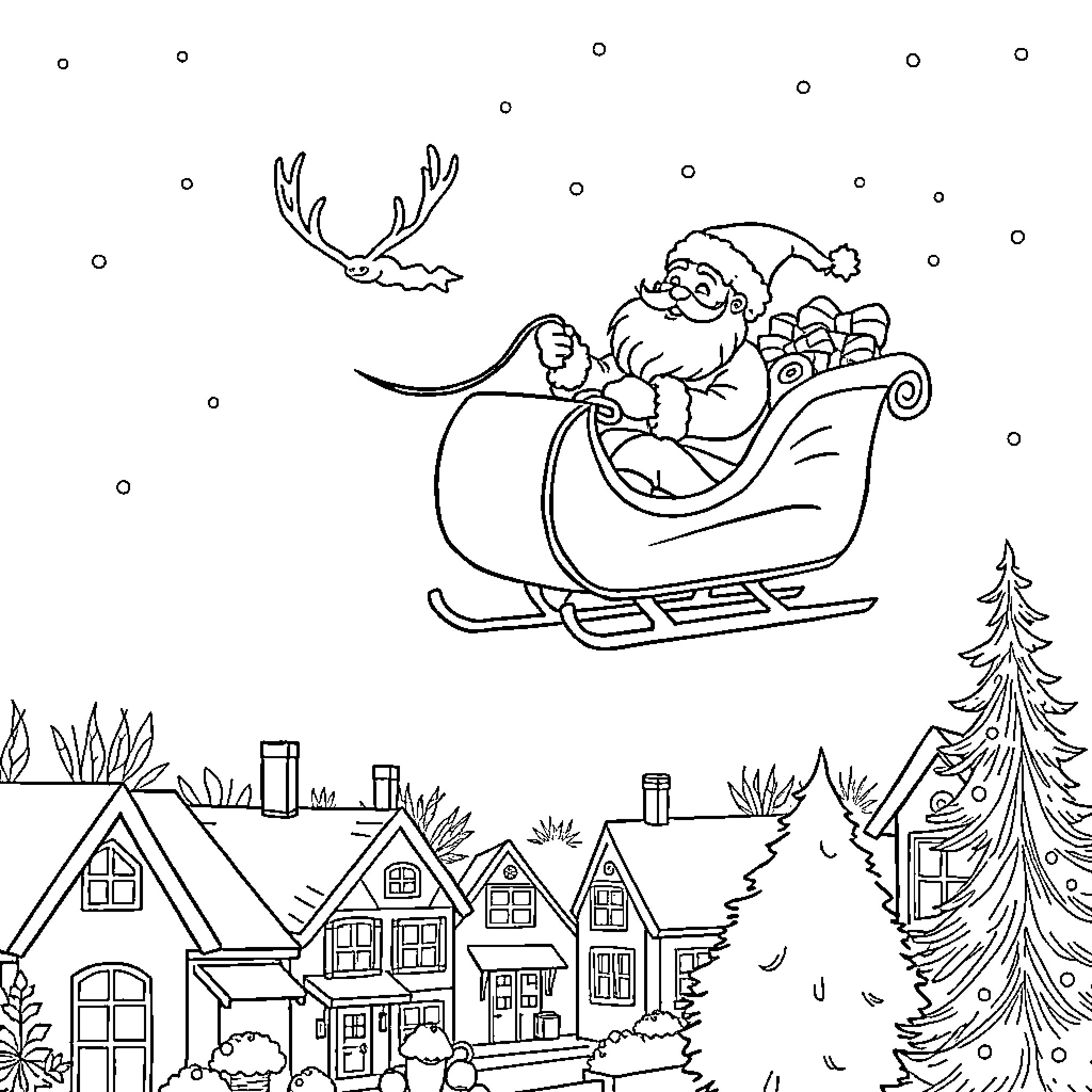 Santa joyfully riding his sleigh over snowy village Coloring Page (free black-and-white line drawing printable PDF for all, from beginners to advanced learners, including children, teens, adults, and seniors)