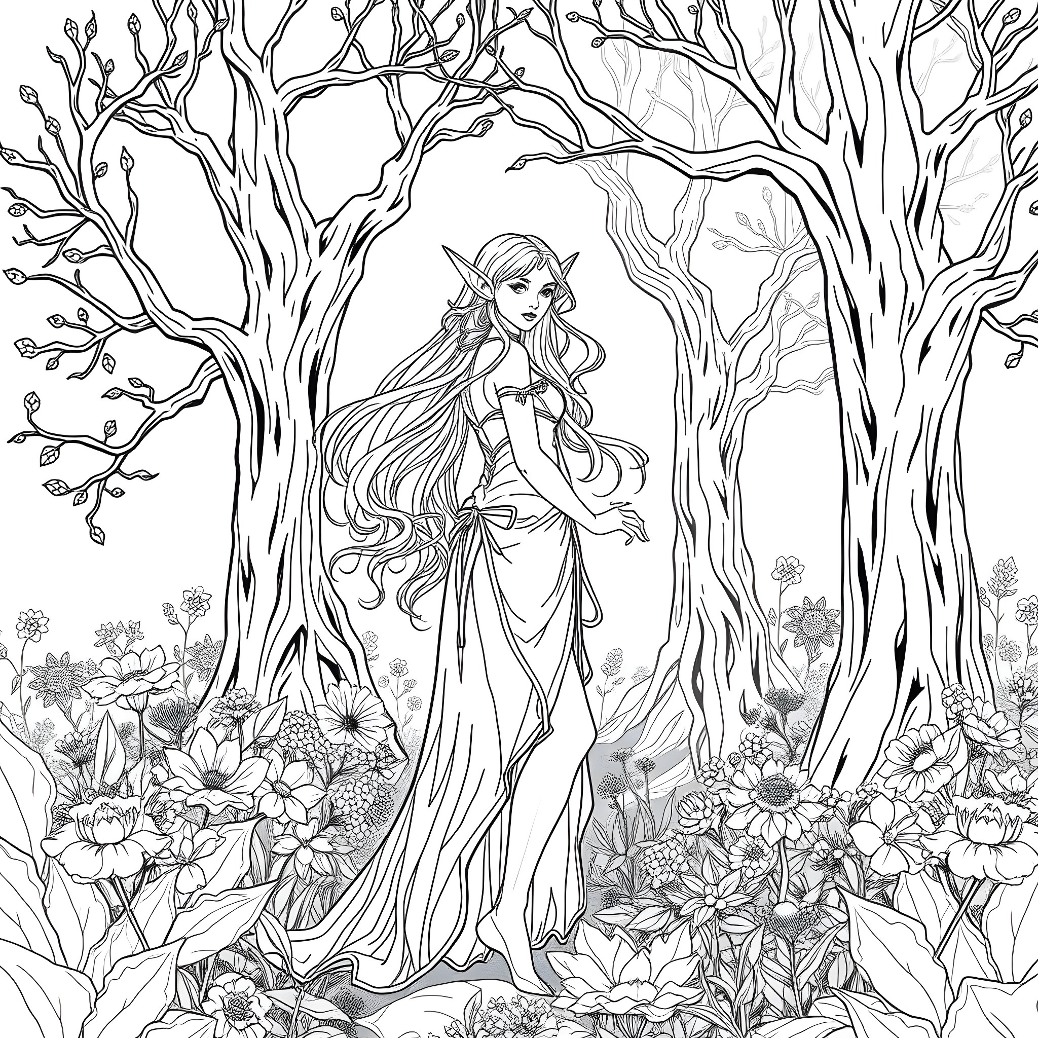 Elf maiden enchanted in a magical forest Coloring Page (free black-and-white line drawing printable PDF for all, from beginners to advanced learners, including children, teens, adults, and seniors)