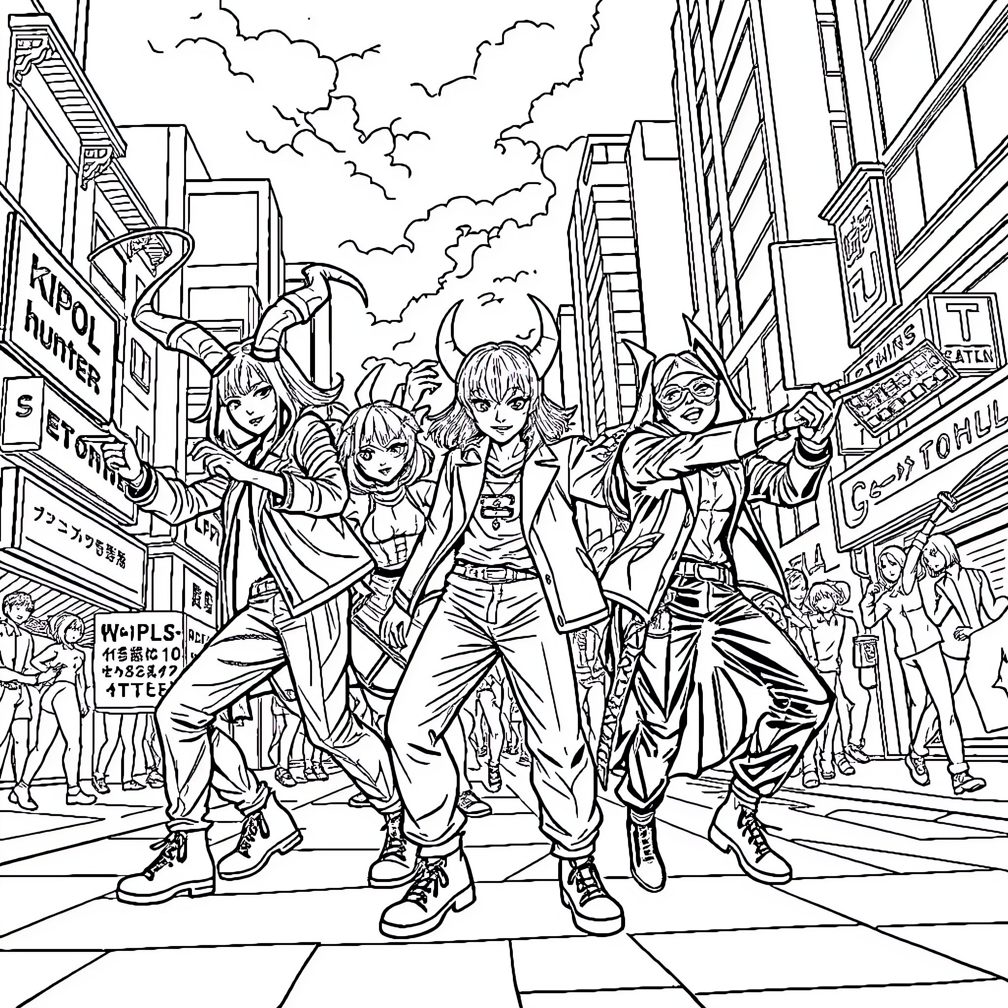 K-POP Demon Hunters Defend the City from Supernatural Threats Coloring Page (free black-and-white line drawing printable PDF for all, from beginners to advanced learners, including children, teens, adults, and seniors)