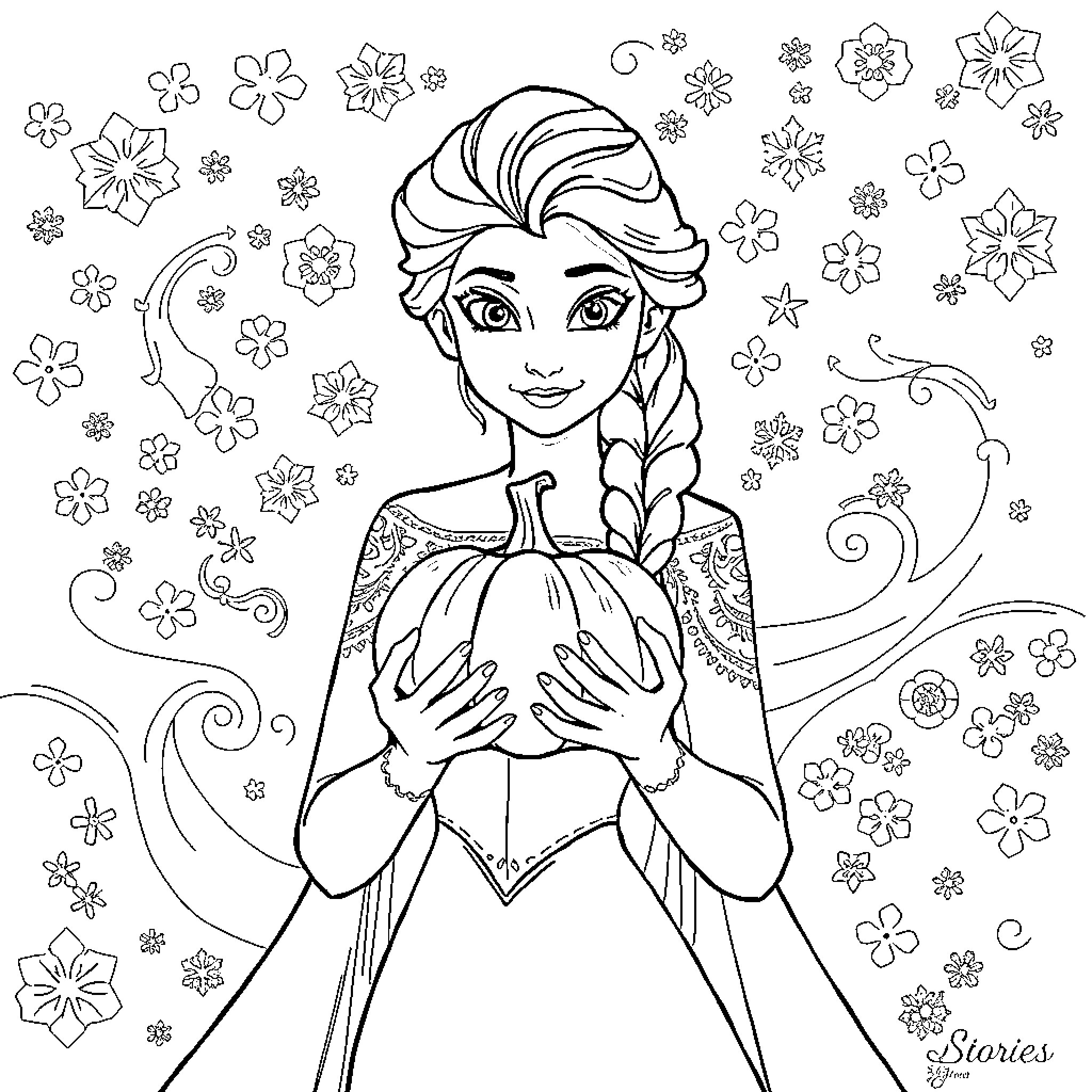 Elsa's Enchanted Floral Embrace Coloring Page (free black-and-white line drawing printable PDF for all, from beginners to advanced learners, including children, teens, adults, and seniors)