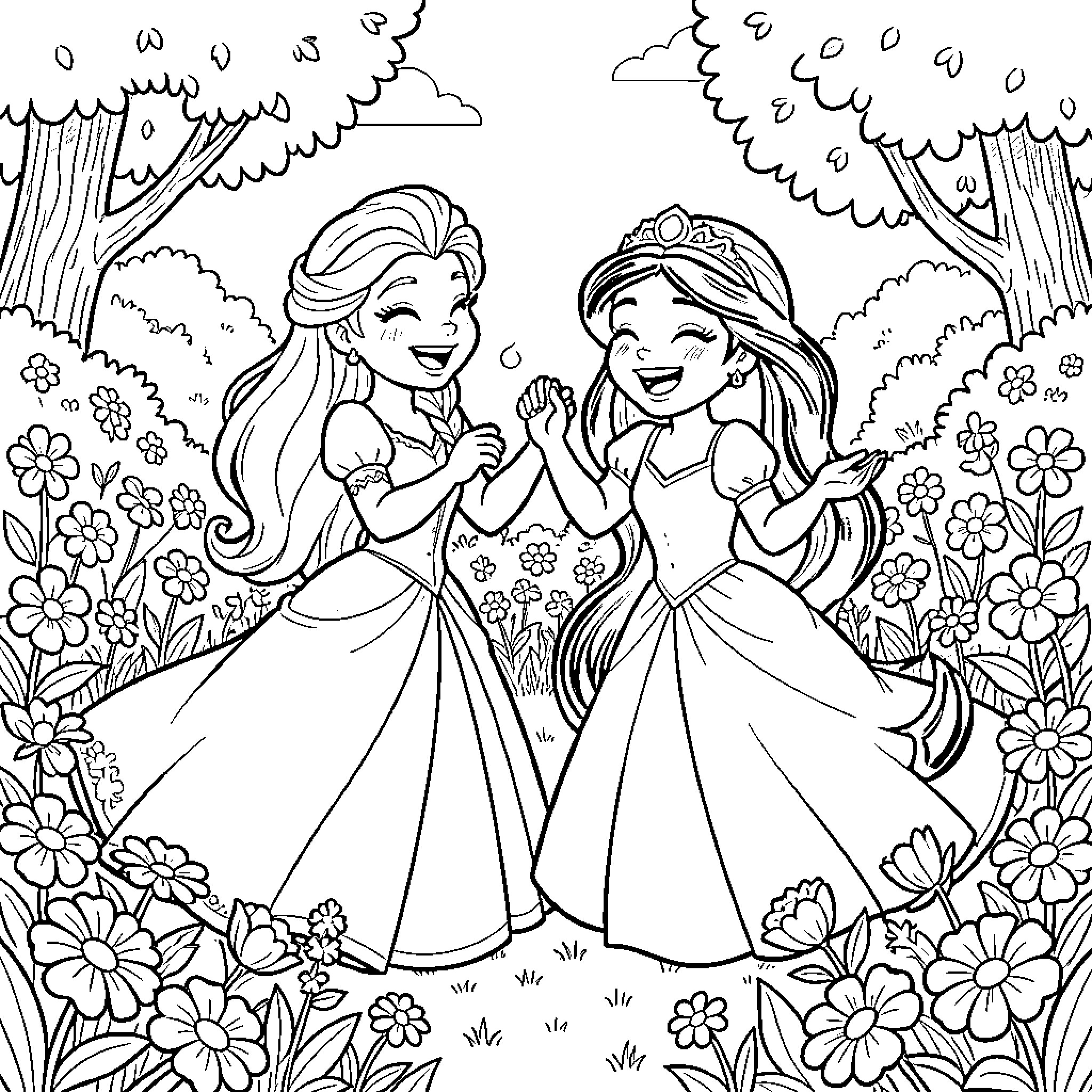 Elsa and Anna dancing joyfully in a flowery meadow Coloring Page (free black-and-white line drawing printable PDF for all, from beginners to advanced learners, including children, teens, adults, and seniors)