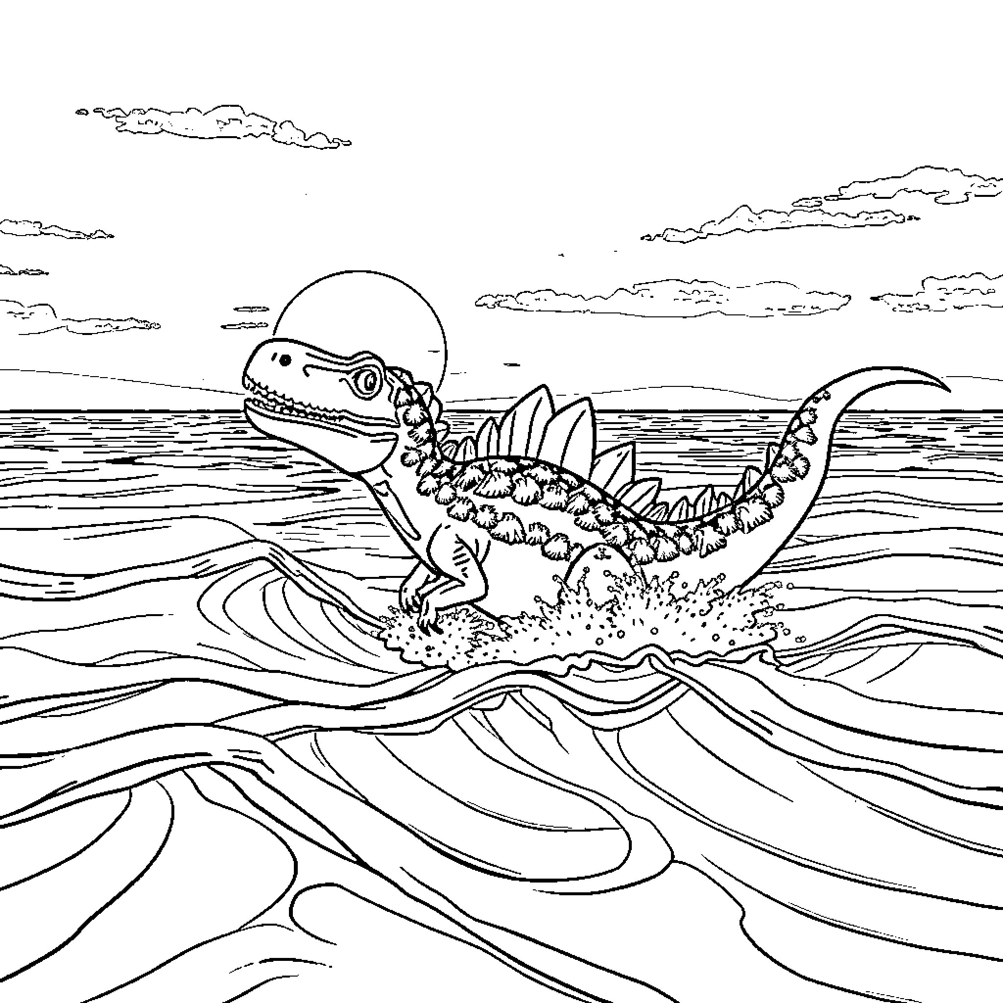 Mossasaurus exploring the prehistoric ocean Coloring Page (free black-and-white line drawing printable PDF for all, from beginners to advanced learners, including children, teens, adults, and seniors)